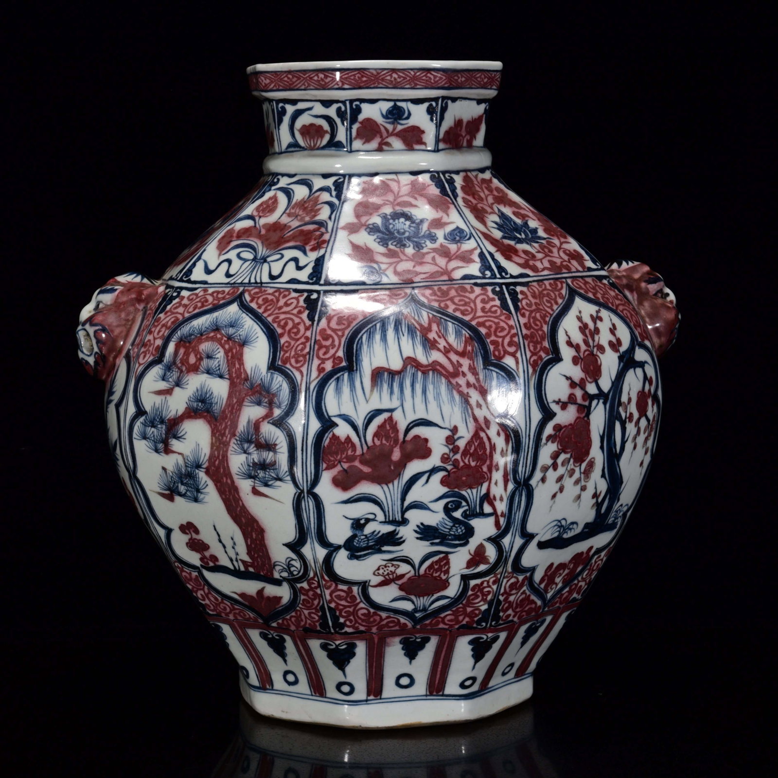 A Exquisite Blue and White Underglaze-Red Flower pattern Tiger Head Jar (1 of 9)