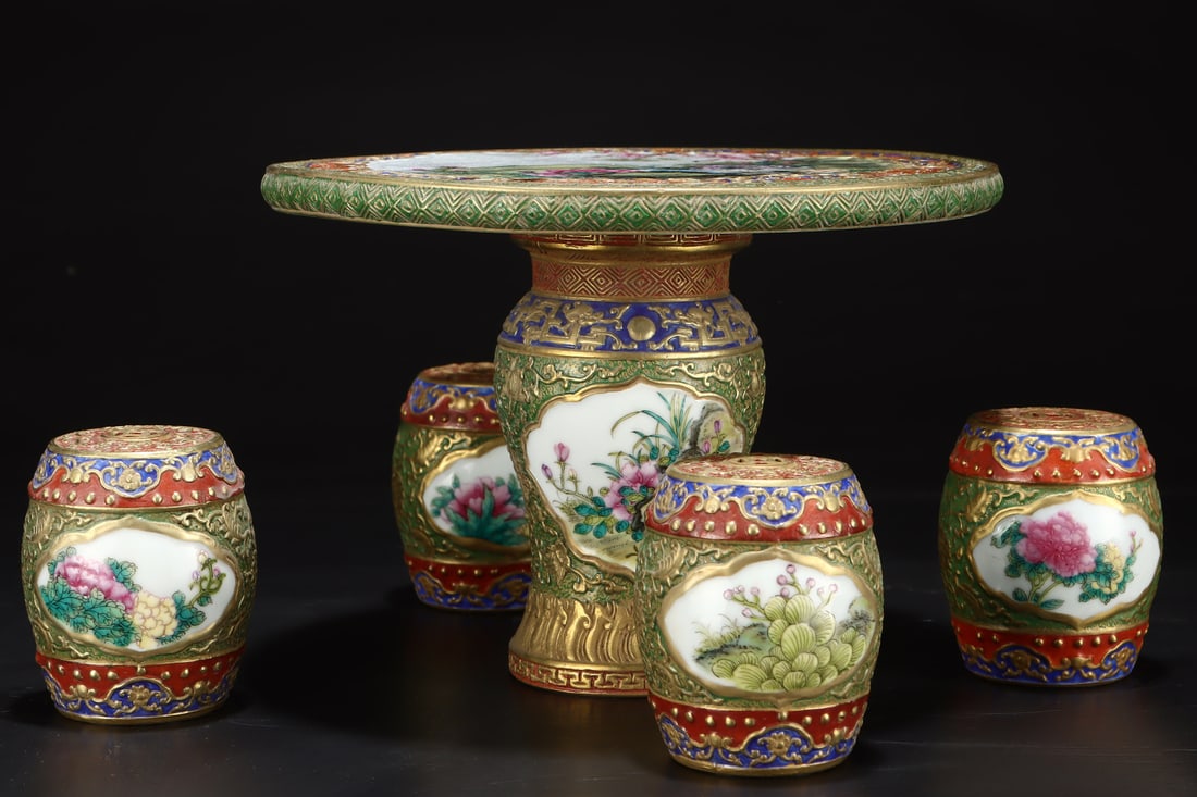 A Set of Exquisite Enamel Painted Gold Flower Pattern Table and Stools (1 of 9)
