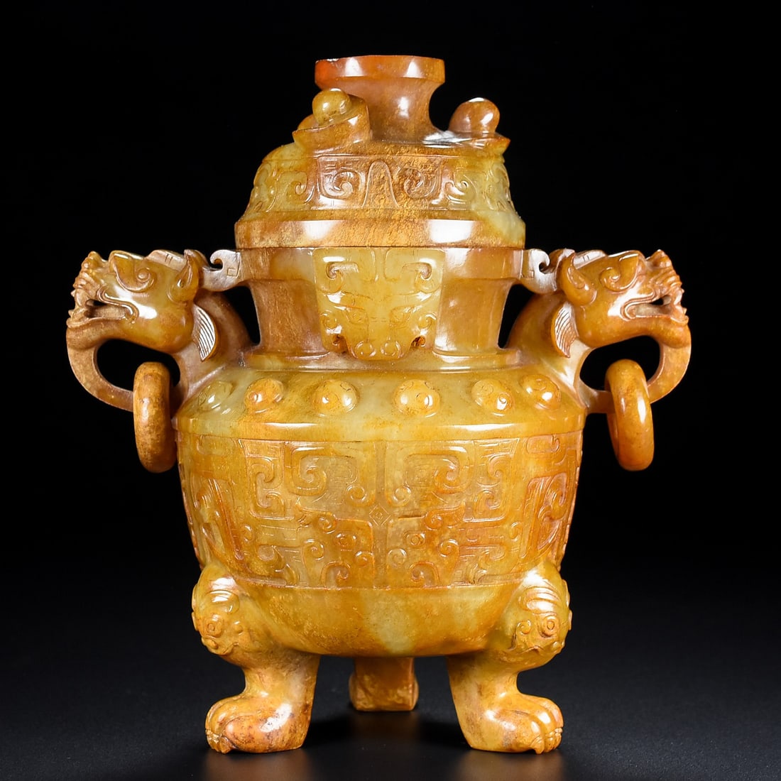 A Exquisite Hotan Jade Dragon Ears Censer: A Exquisite Hotan Jade Dragon Ears Censer,Hang Dynasty, China,Size:5.9inx4.3inx6.9in,Weight:1008g 和田玉龙耳炉,中国汉代