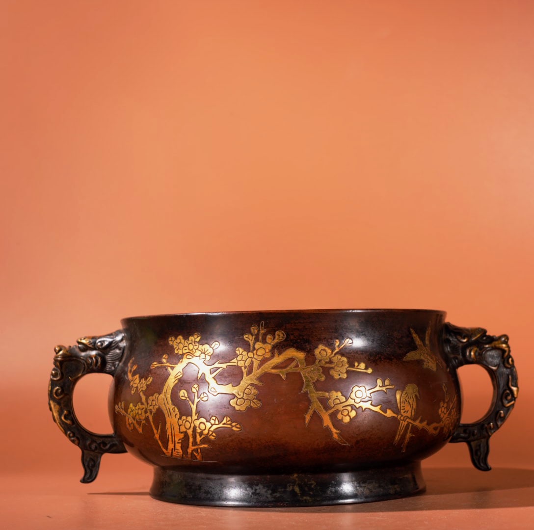 A Exquisite Gilt Bronze Flower and Bird Pattern Double-Ears Censer (1 of 9)