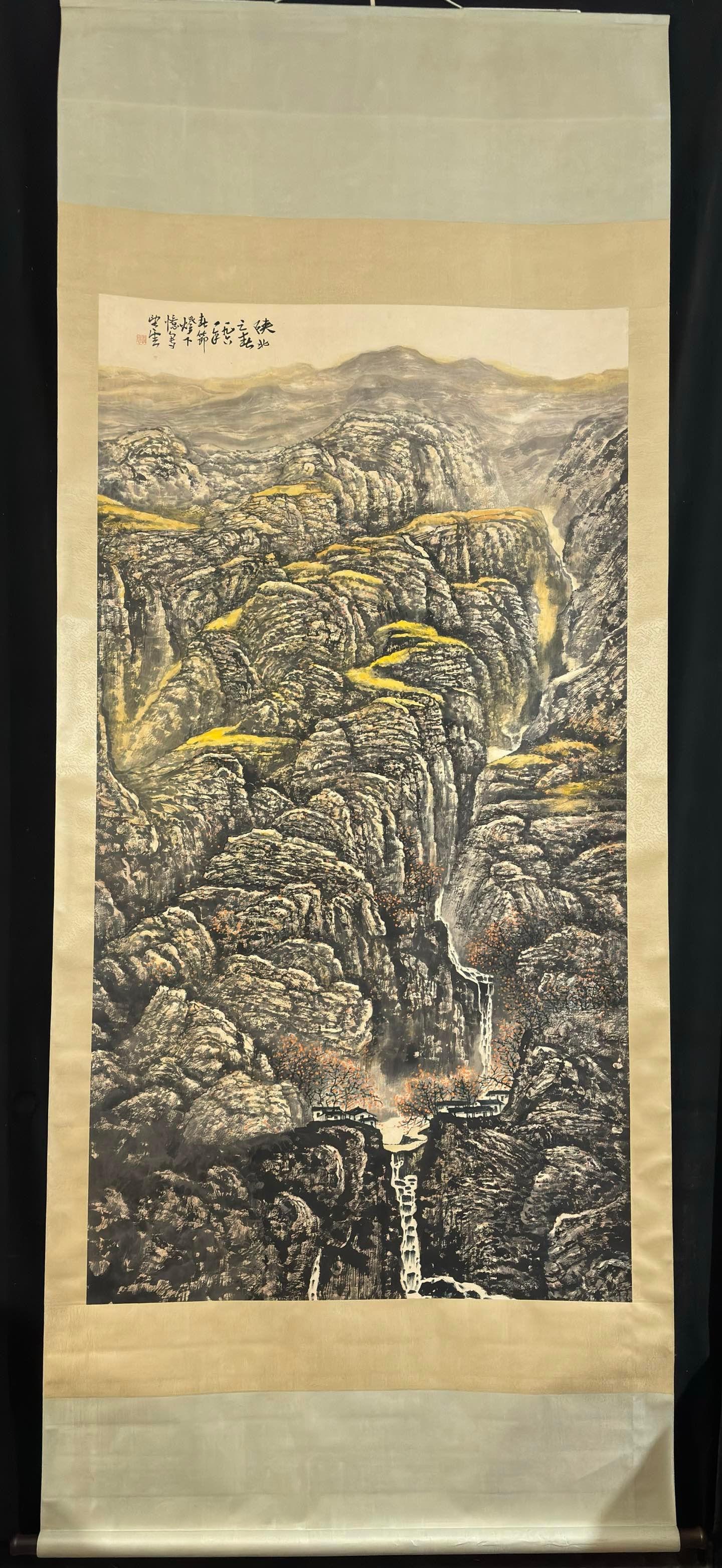 A Chinese Vertical Scroll Ink Painting of Landscape on Paper: A Chinese Vertical Scroll Ink Painting of Landscape on Paper,Modern Time of China,Zhao Wangyun,without frame size:70.5inx37.8in 