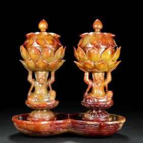 A pair of Exquisite Hotan Jade Lotus Lamp