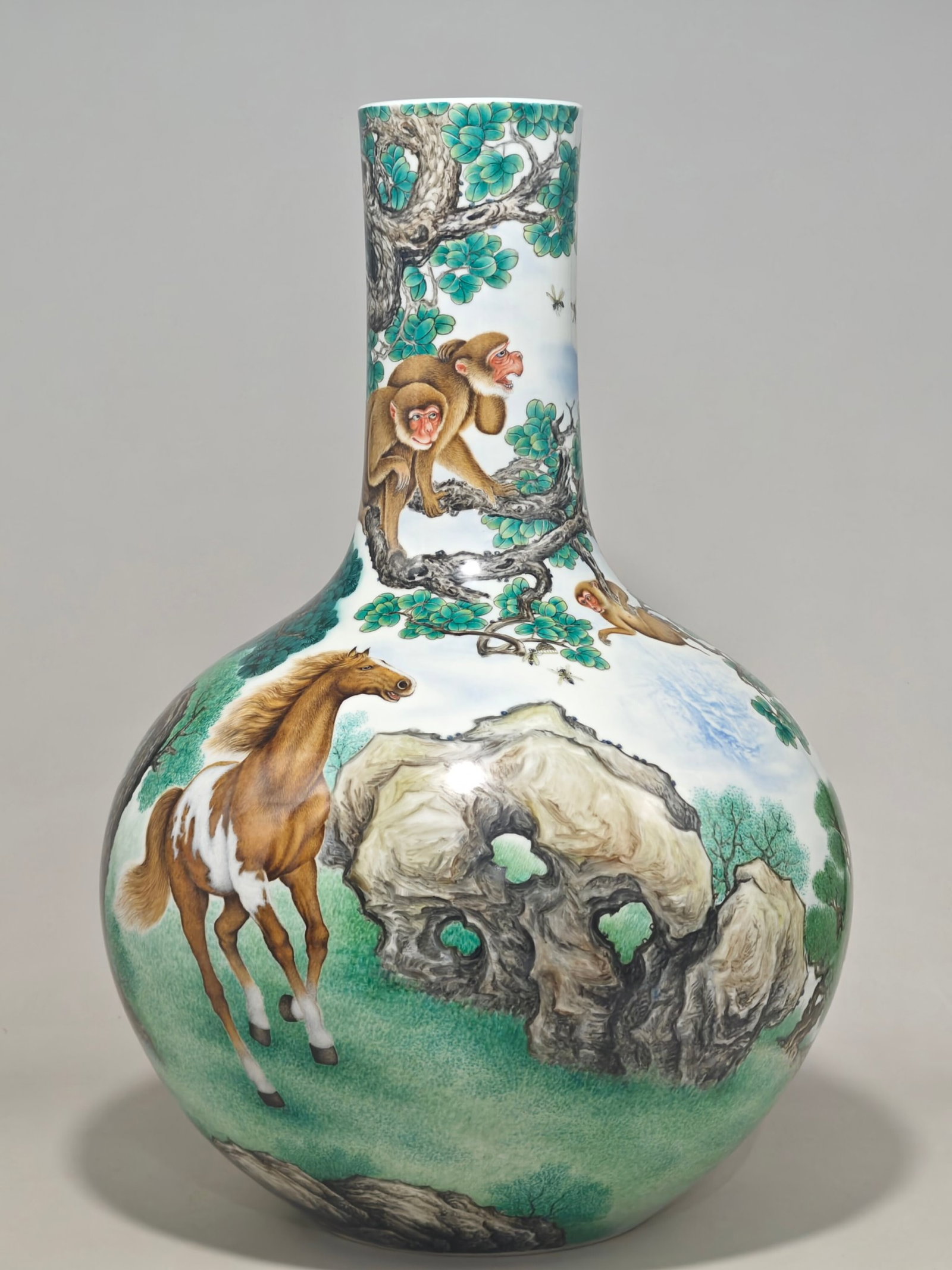 A Huge Enamel Horse Monkey Pattern Vase,With Poem: A Huge Enamel Horse Monkey Pattern Vase,With Poem,Qing Dynasty,China,Qianlong Six-character Mark,Size:23.2inx15.7in 珐琅彩马猴纹瓶,带诗文,&#