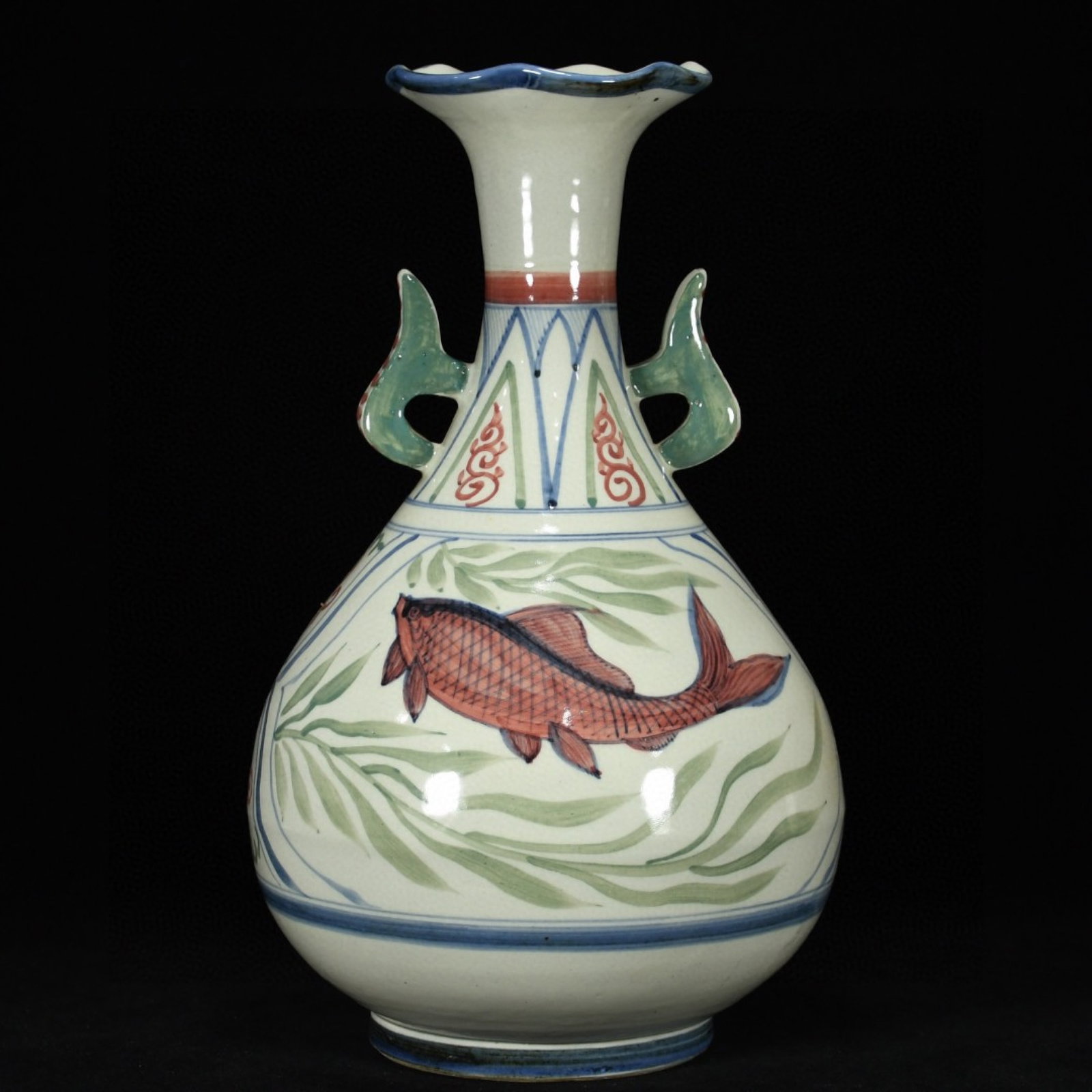 A Rare Biscuit Fish Pattern Double-Ears Vase - 3
