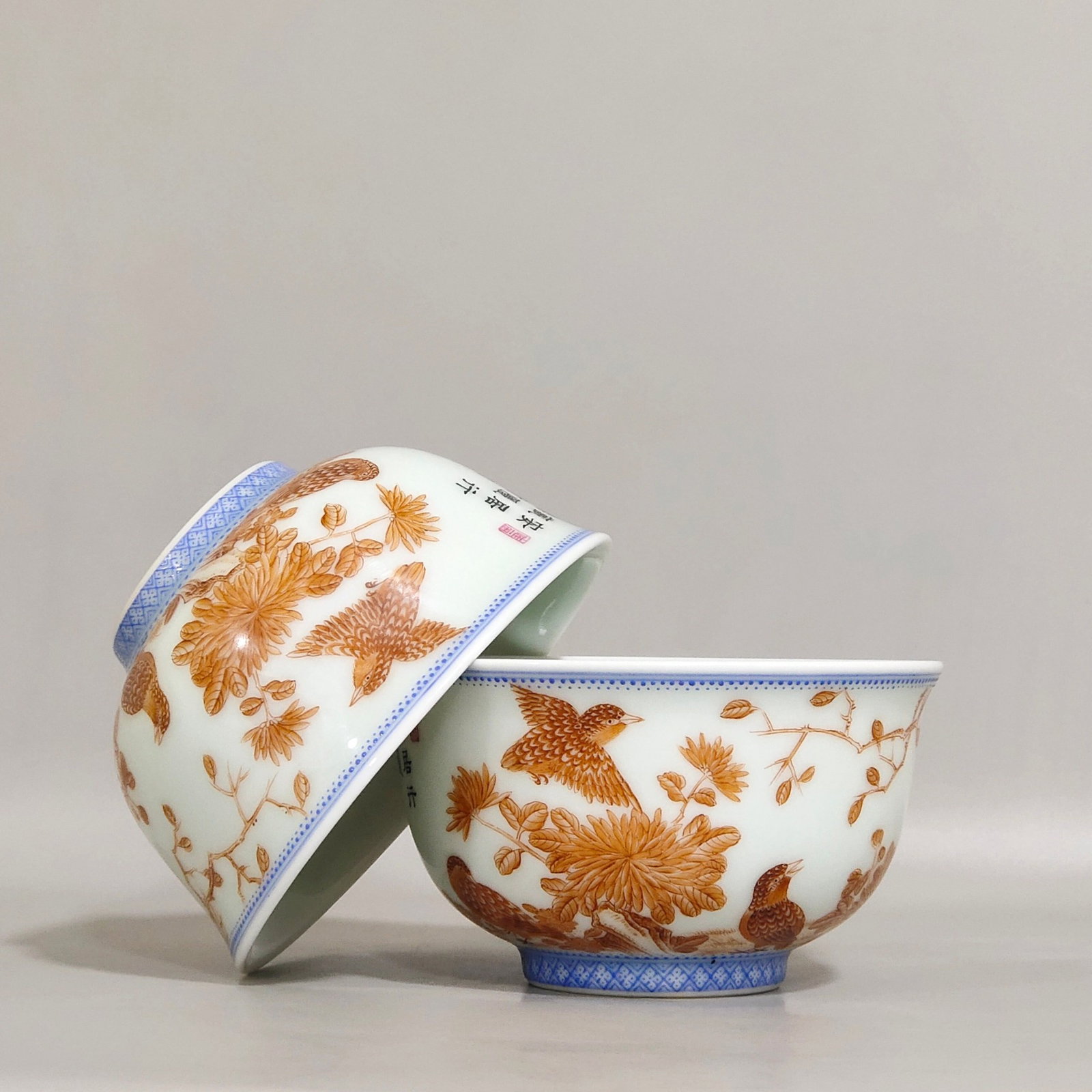 A Pair of Exquisite Ink Color Iron-Red Flower and Bird Pattern Cups,With Poem: A Pair of Exquisite Ink Color Iron-Red Flower and Bird Pattern Cups,With Poem,Qing Dynasty,China,Yongzheng Four-character Mark,Size:2inx3.3in 