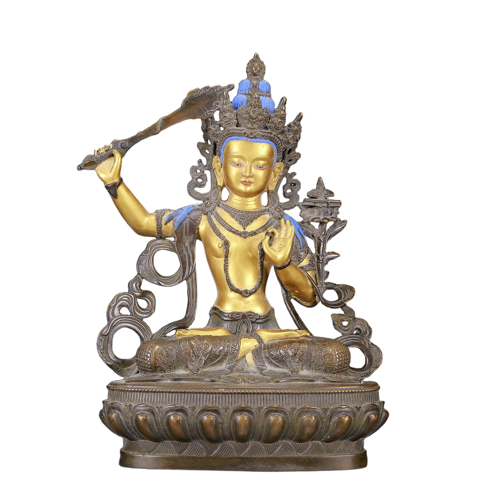 A Solemn Gilt Bronze Statue of Manjusri: A Solemn Gilt Bronze Statue of Manjusri,Qing Dynasty, China,Size:6.3inx3.9inx9.4in,Weight:1835g 铜鎏金文殊菩萨像，清代