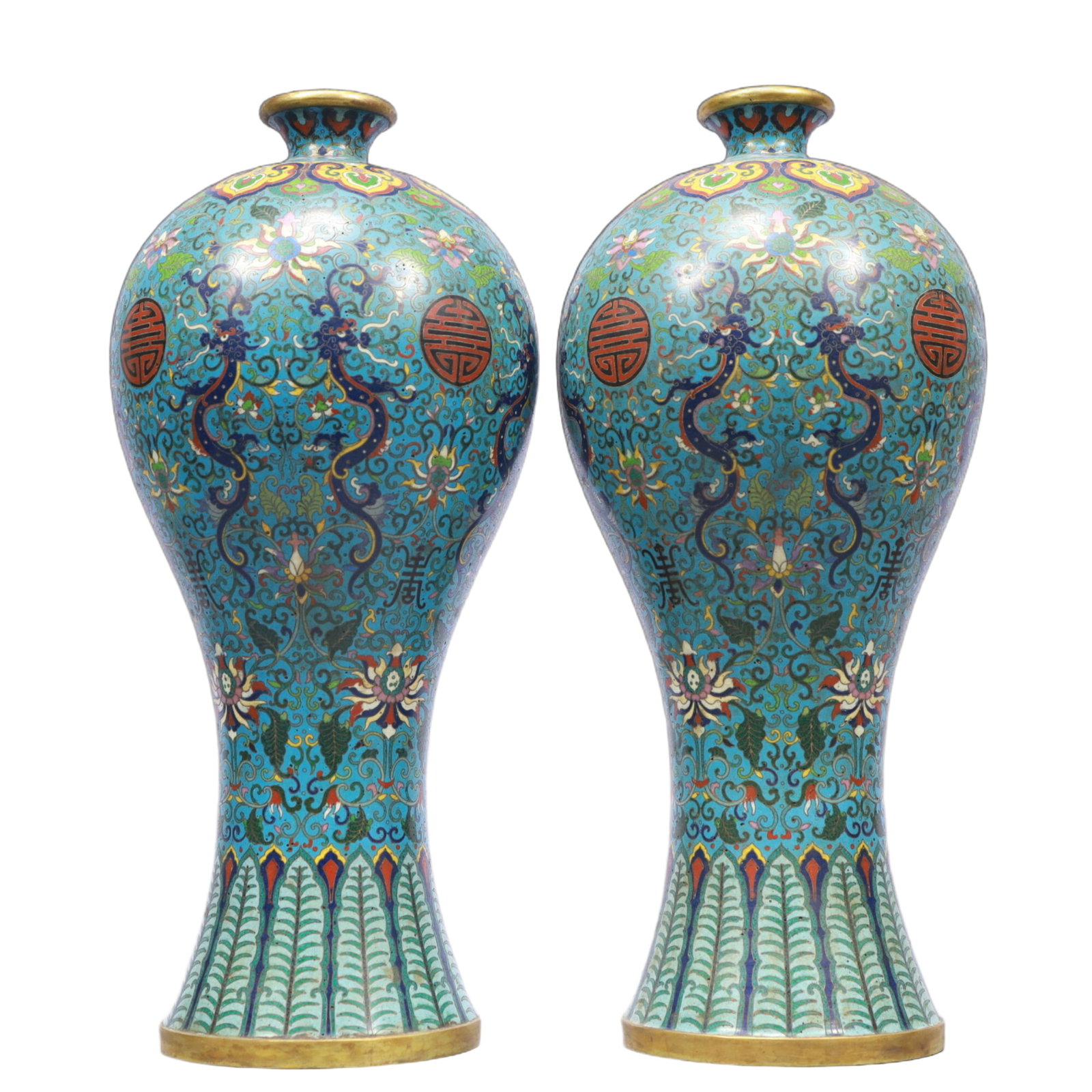 A Pair of Exquisite Cloisonne Lotus and Dragon Pattern Vases: A Pair of Exquisite Cloisonne Lotus and Dragon Pattern Vases,Qing Dynasty, China,Qianlong Four-character Mark,Size:6.7inx15.7in Weight:4250g 