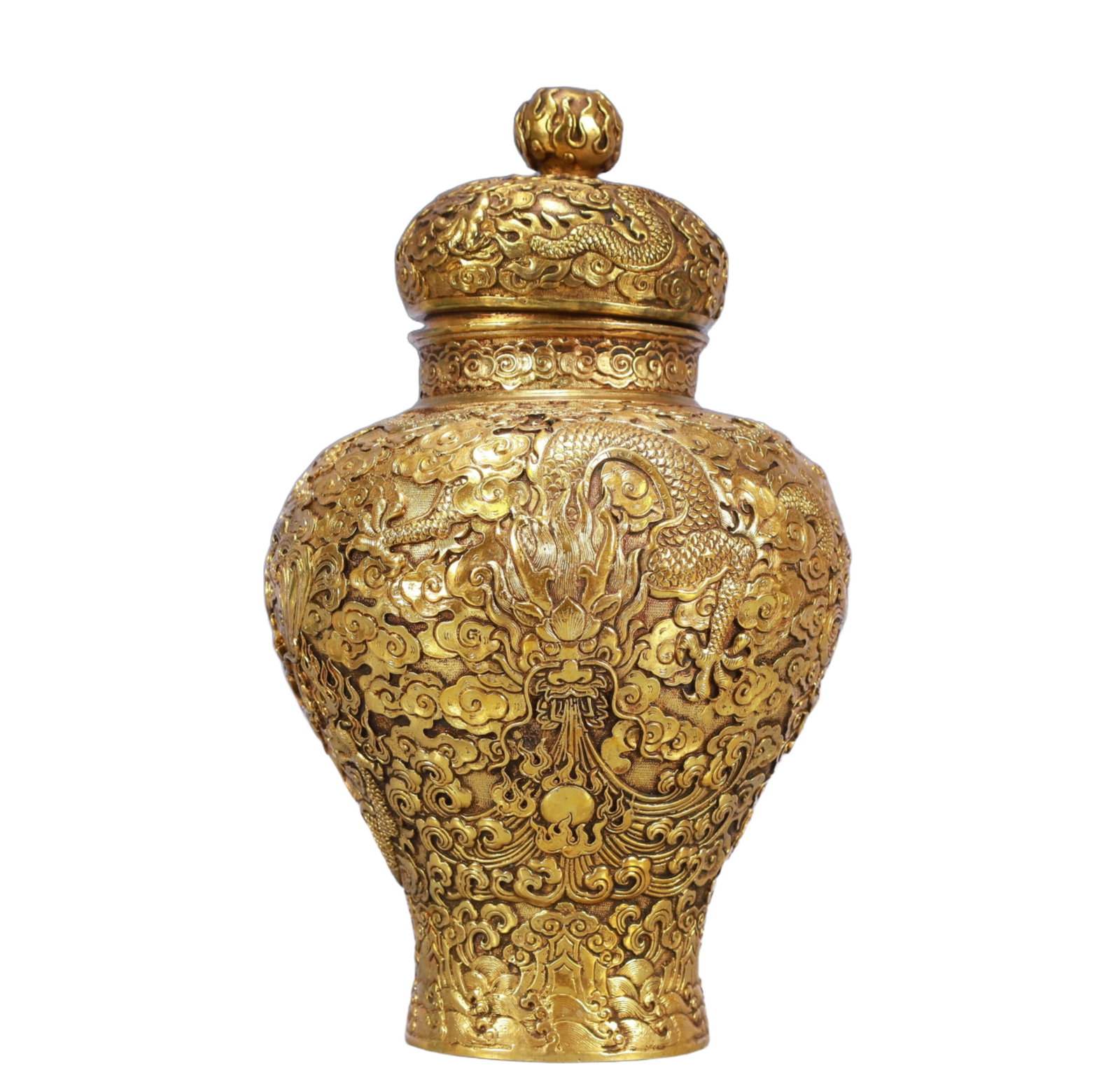 A Rare Gilt Bronze Auspicious Cloud and Dragon Pattern Cover Jar: A Rare Gilt Bronze Auspicious Cloud and Dragon Pattern Cover Jar,Qing Dynasty, China,Qianlong Six-character Mark,Size:6.7inx11.4in,Weight:2650g 