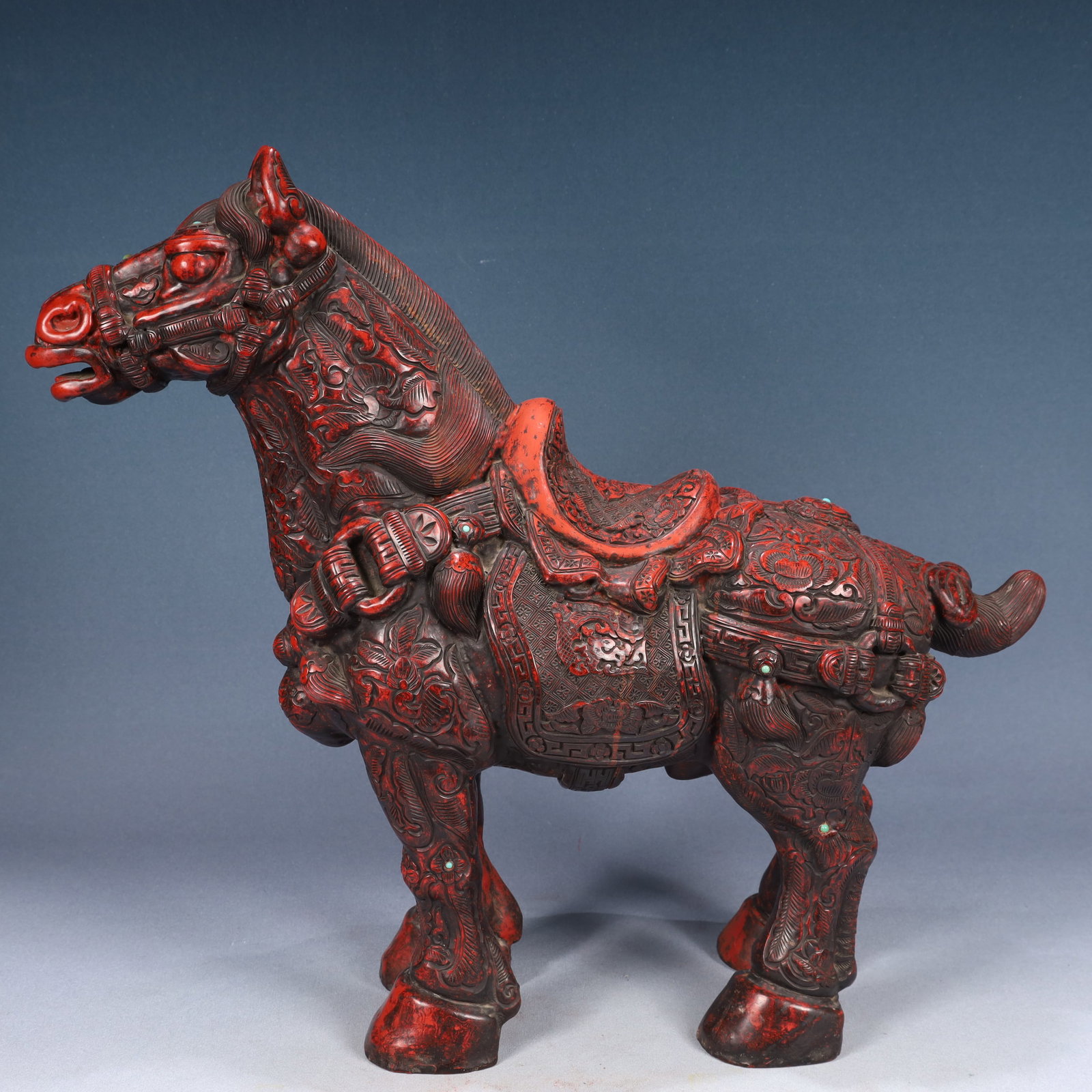 A Huge Carved Red Lacquer Flower Pattern Horse Ornament (1 of 14)