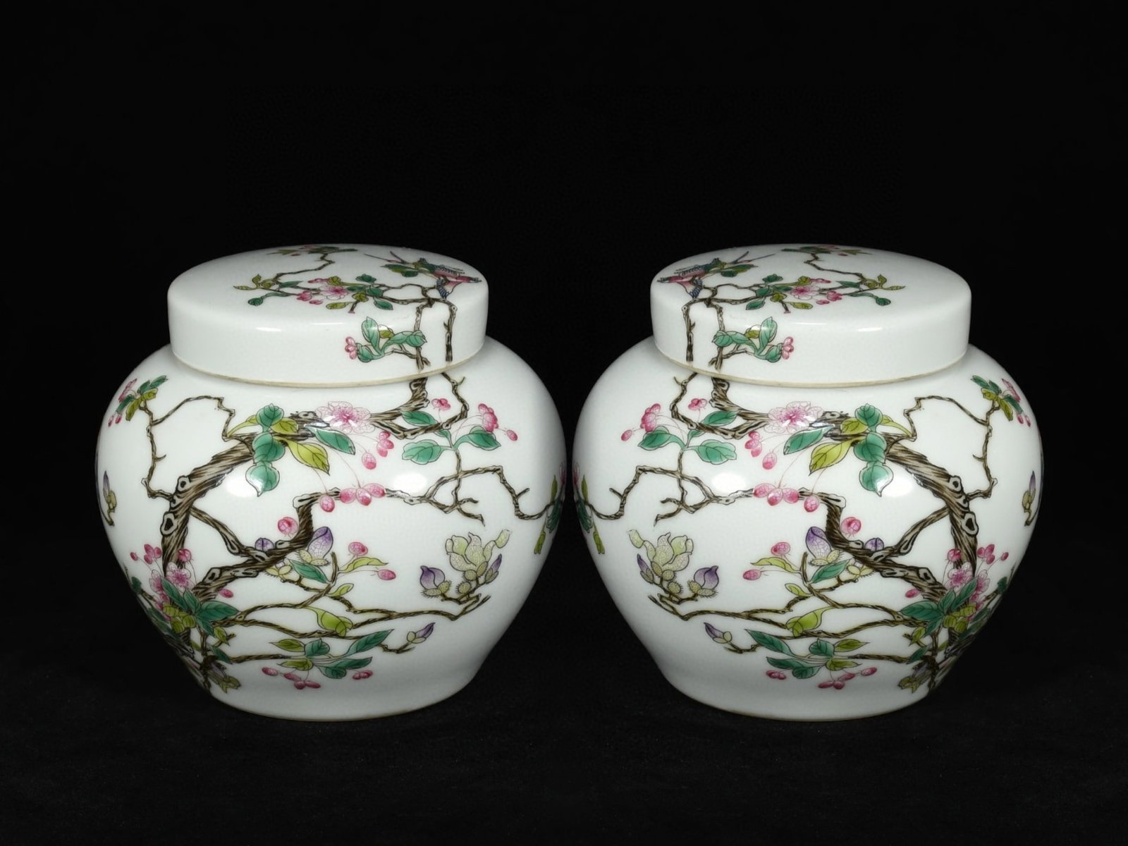 A Pair of Exquisite Famille-Rose Flower and Bird Pattern Cover Jars (1 of 9)
