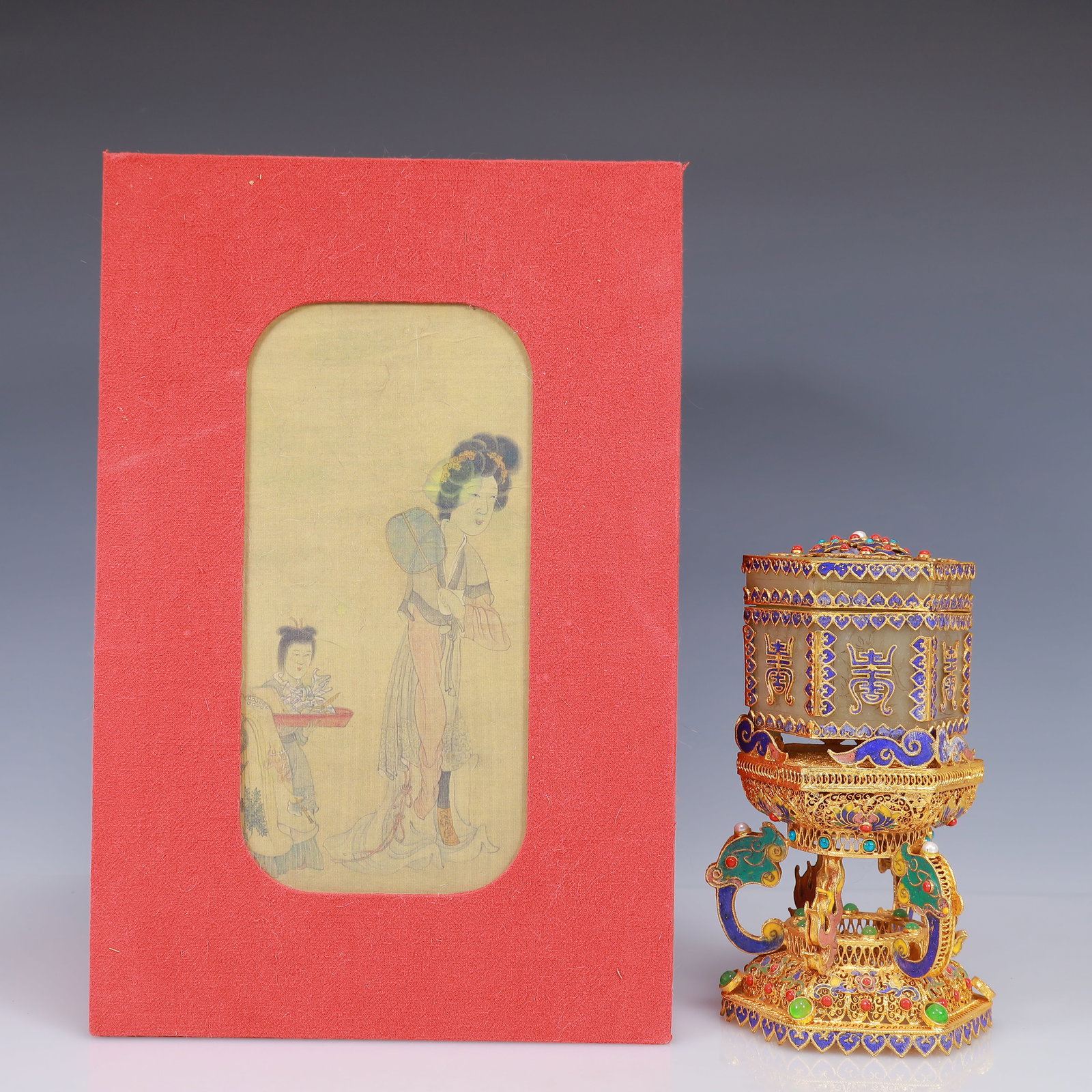 An Exquisite Filigree and Gilding Inlaid White Jade Shou-Character Pattern Box,Inlaid Gems (1 of 9)