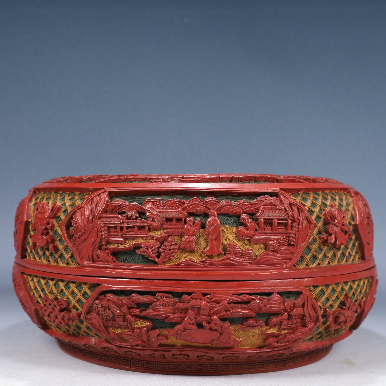 A Rare Carved Red Lacquer Landscape,Figure and Dragon Pattern Cover Box (1 of 8)