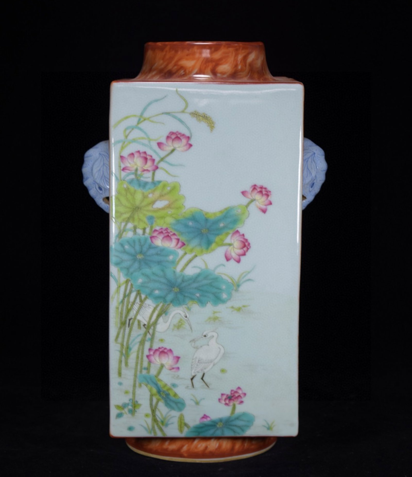 A Rare Iron-Red Famille-Rose Painted Gold Flower and Bird Pattern Elephant-Ears Vase: A Rare Iron-Red Famille-Rose Painted Gold Flower and Bird Pattern Elephant-Ears Vase,Qing Dynasty,China,Qianlong Six-character Mark,Size:13.8inx7.9in 