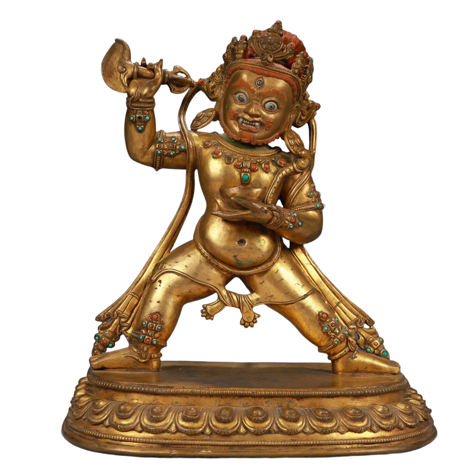 A Solemn Gilt Bronze Statue of Mammon,Inlaid Gems and Turquoise: A Solemn Gilt Bronze Statue of Mammon,Inlaid Gems and Turquoise,Qing Dynasty, China,Size:11.8inx4.7inx13in,Weight:7650g 铜鎏金财神像,嵌宝石和