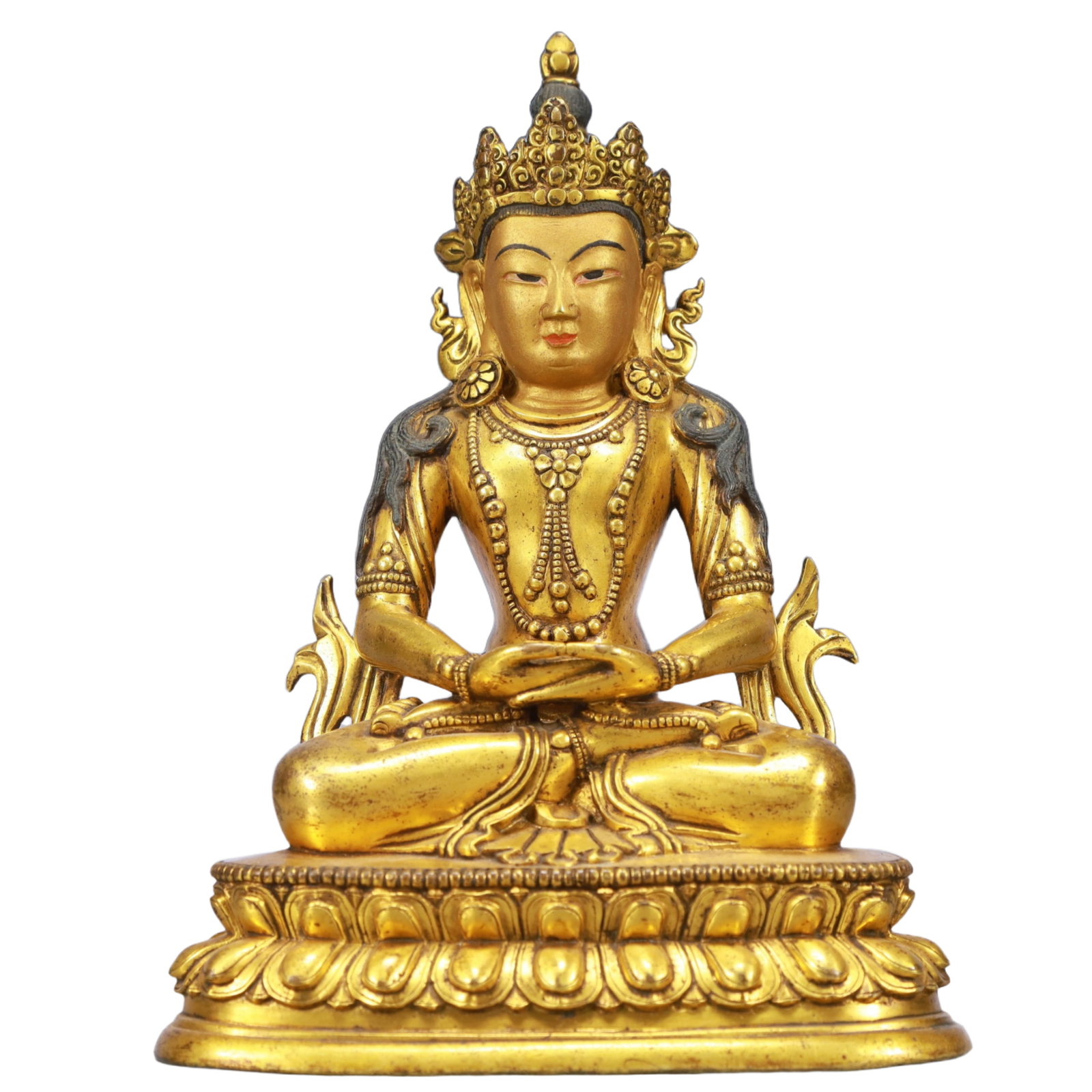 A Solemn Gilt Bronze Statue of Amitayus: A Solemn Gilt Bronze Statue of Amitayus,Qing Dynasty, China,Size:6.5inx4.1inx8.9in,Weight:2100g 铜鎏金无量寿佛像,中国清代