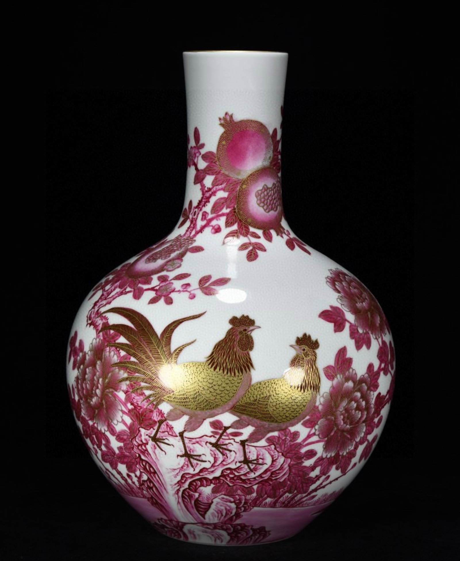 A Huge Ruby Red-Glazed Painted Gold Flower and Rooster Pattern Vase,With Poem: A Huge Ruby Red-Glazed Painted Gold Flower and Rooster Pattern Vase,With Poem,Qing Dynasty,China,Qianlong Six-character Mark,Size:18.1inx11in 