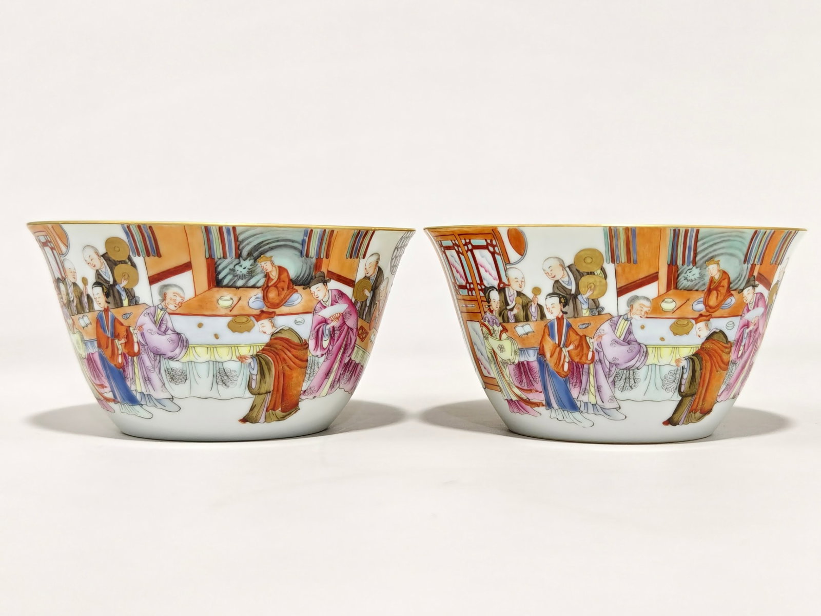 A Pair of Exquisite Famille-Rose Painted Gold Character and Story Pattern Bowls,With Poem: A Pair of Exquisite Famille-Rose Painted Gold Character and Story Pattern Bowls,With Poem,Qing Dynasty,China,Jiaqing Six-character Mark,Size:2.5inx4.6in 一对粉彩描金