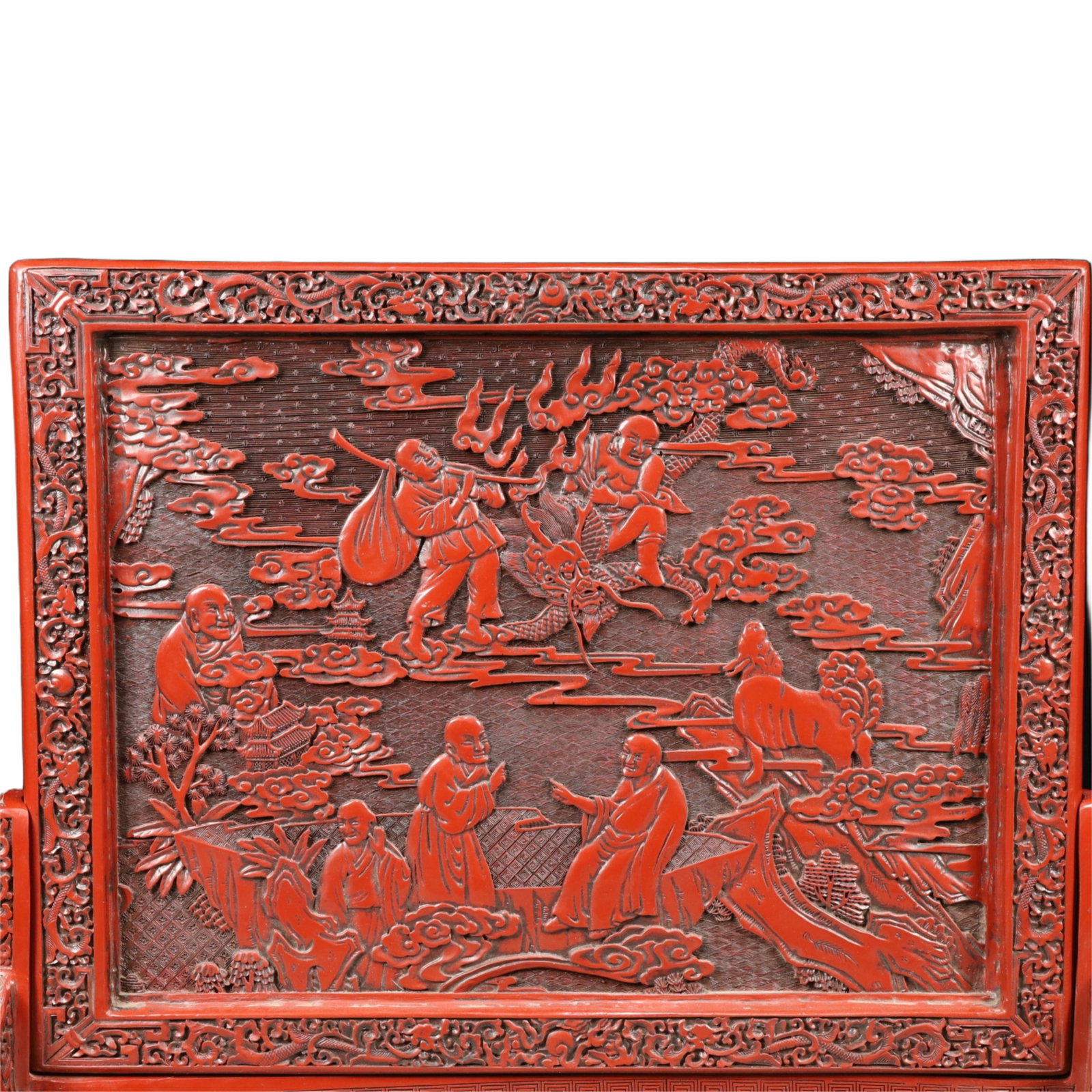A Rare Carved Red Lacquer Arhat Pattern Table Screen - 2