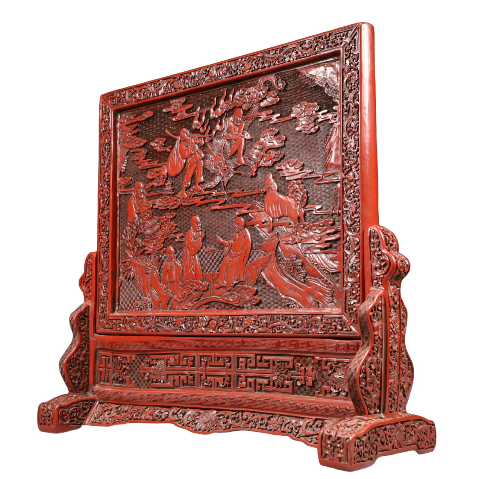 A Rare Carved Red Lacquer Arhat Pattern Table Screen - 7