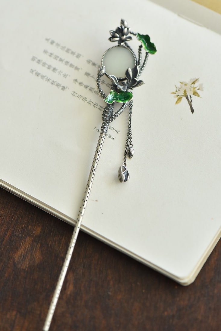 An Exquisite Sterling Silver Inlaid White Jade Enamel Hairpin (1 of 2)