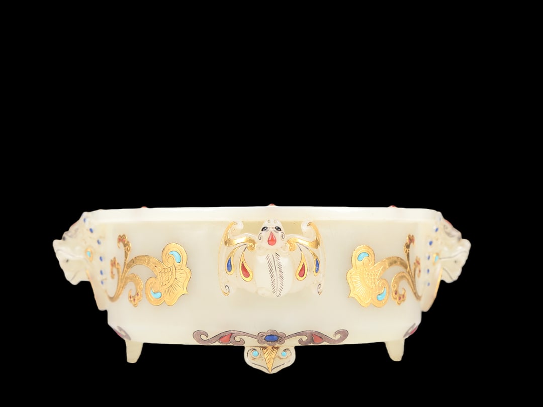 A Fabulous Imperial White Jade Gold-Mounted Gem-Inlaid Bat-Handled Censer (1 of 7)