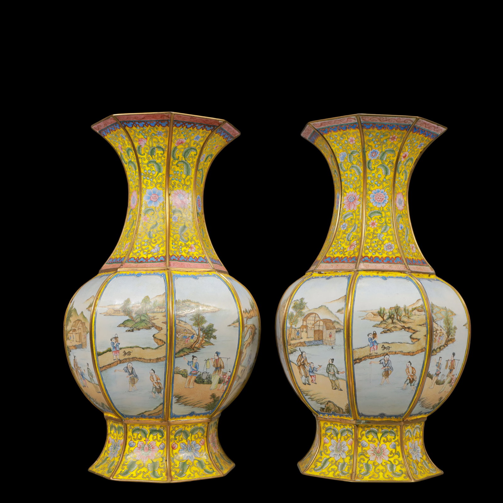 A Exquisite A pair of Coppery Enamel Lotus Pattern Landscape and Figure Pattern Vase (1 of 12)