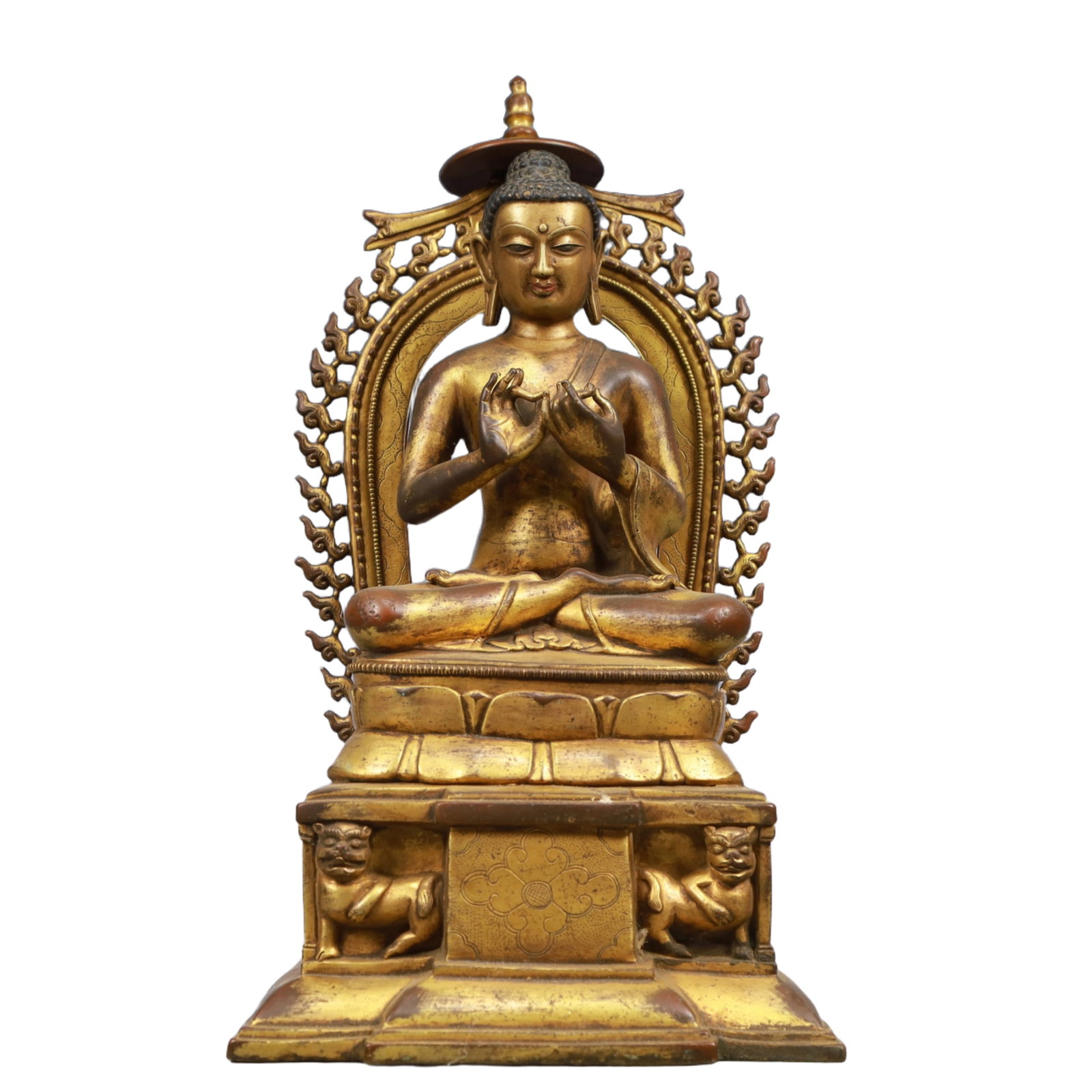 A Solemn Gilt Bronze Statue of Sakyamuni, With Inscription: A Solemn Gilt Bronze Statue of Sakyamuni, With Inscription, Ming Dynasty, China, Size:8.3inx6.3inx14.2in, Weight:5750g 铜鎏金释迦摩尼像,带铭