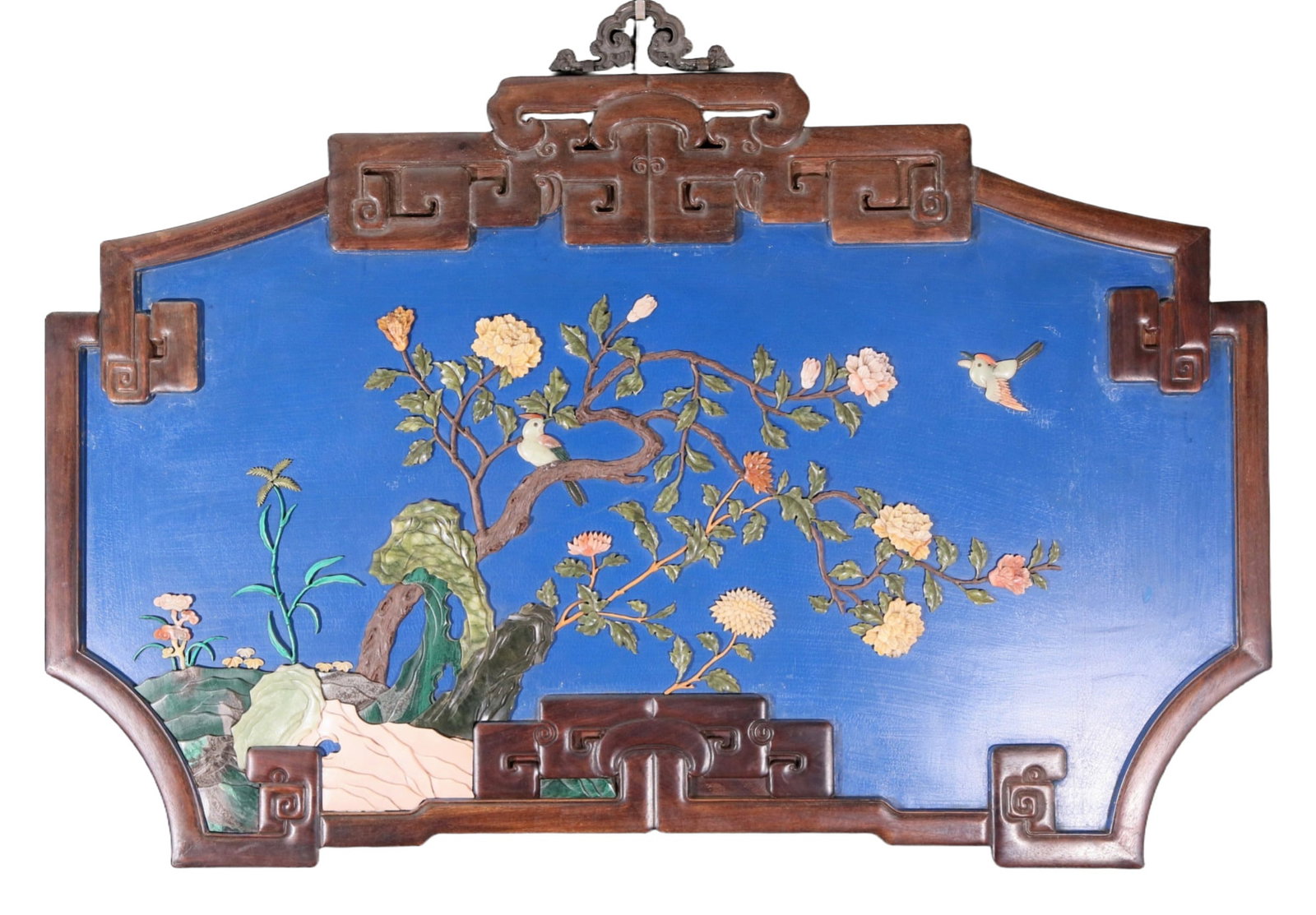 An exquisite lacquered huanghuali wood hanging screen with flower and bird patterns inlaid with (1 of 7)