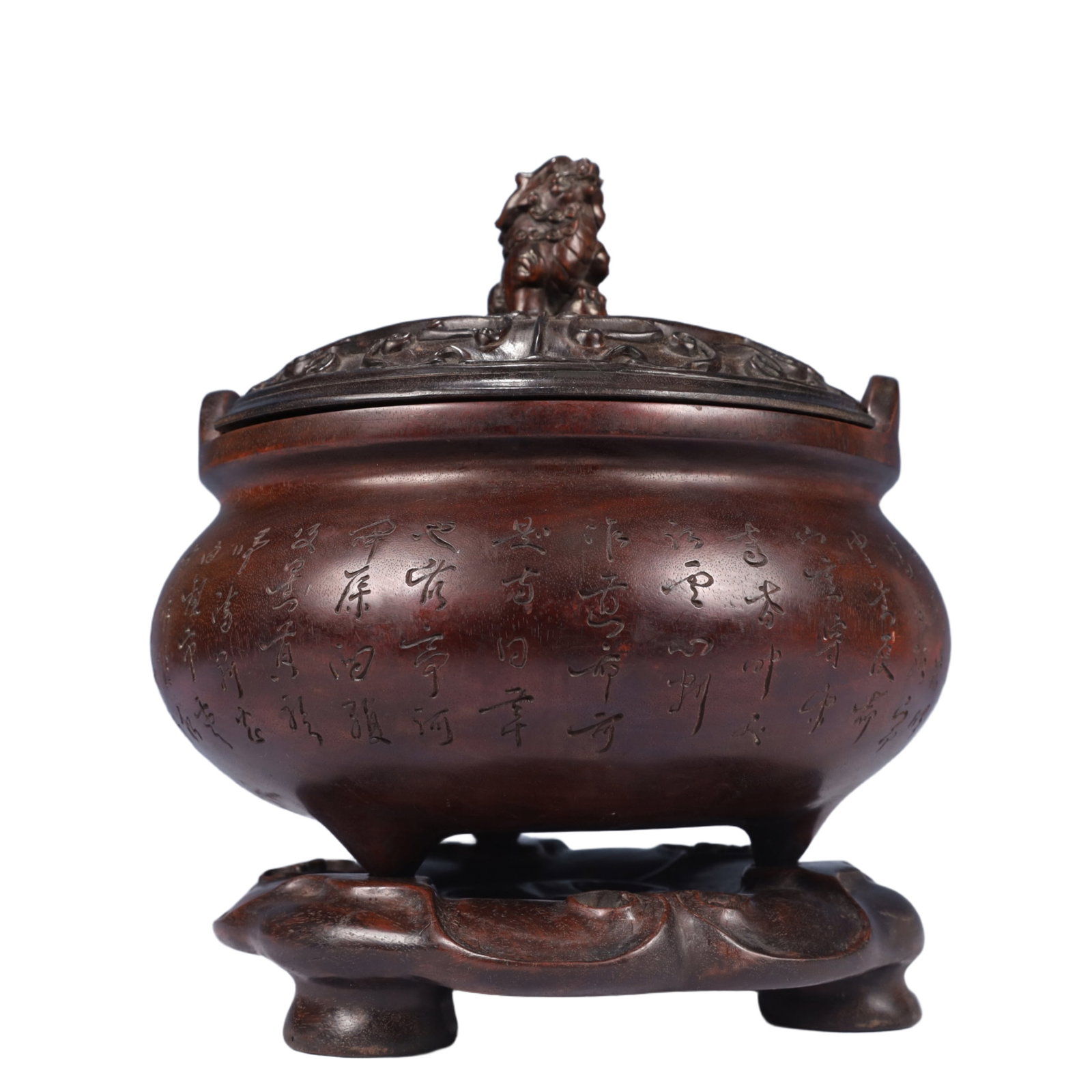 An Exquisite Zitanwood Poem Double-Ears and Tripod Censer,With Base: An Exquisite Zitanwood Poem Double-Ears and Tripod Censer,With Base,Qing Dynasty, China,Size:7.1inx9.4in,Weight:1850g 紫檀木诗文双耳三足香&#