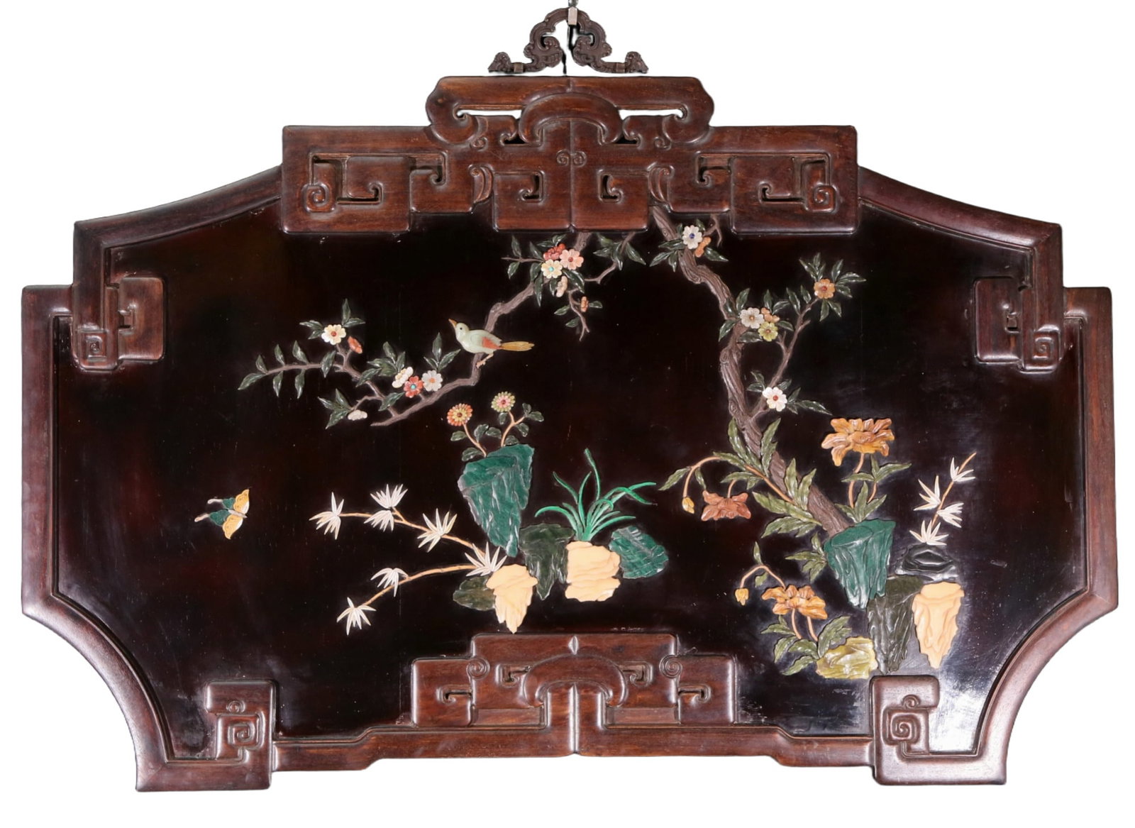 An exquisite lacquered huanghuali wood hanging screen with flower and bird patterns inlaid with (1 of 5)