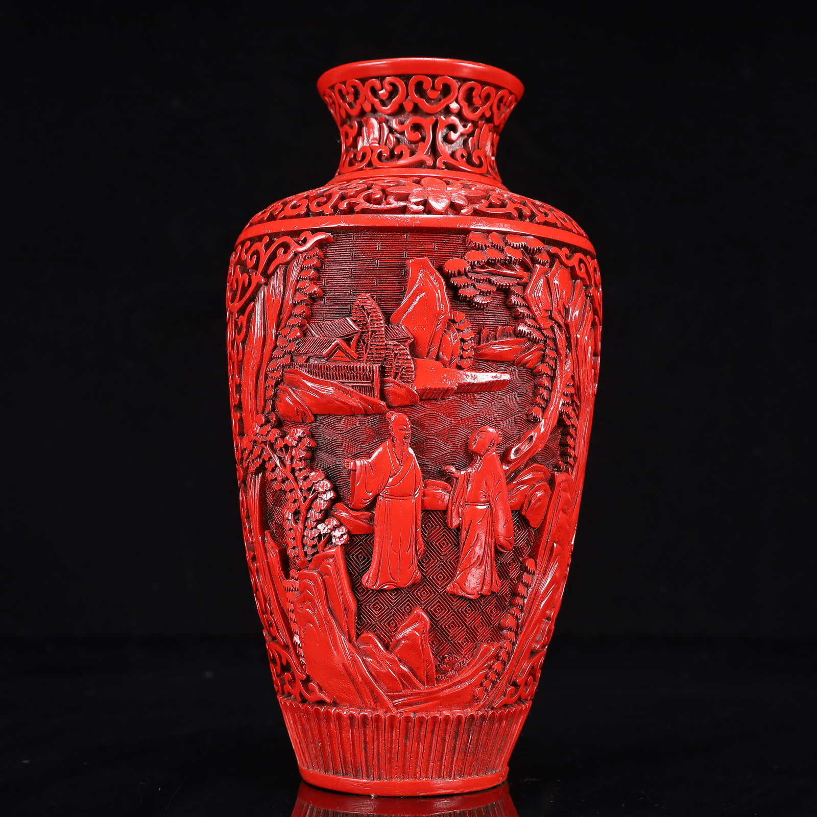 An Exquisite Carved Red Lacquer Landscape and Figure Pattern Vase: An Exquisite Carved Red Lacquer Landscape and Figure Pattern Vase,Qing Dynasty, China,Qianlong Four-character Mark,Size:4.3inx9.1in,Weight:600g 剔红漆器山水人