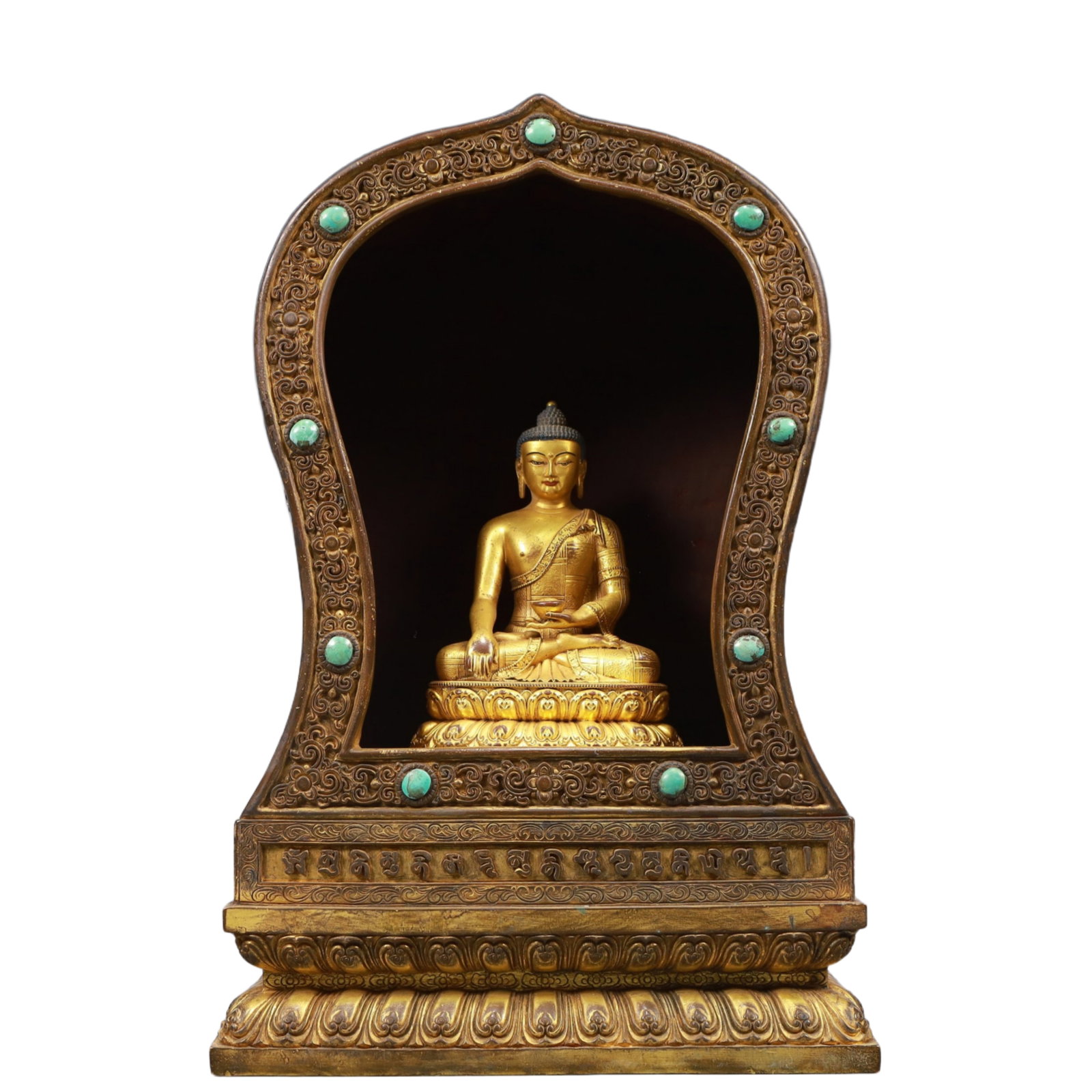 A Solemn Gilt Bronze Statue of Amitayus, Inlaid Gems, With Inscription: A Solemn Gilt Bronze Statue of Amitayus, Inlaid Gems, With Inscription, Qing Dynasty, China, Kangxi Mark, Size:9.6inx5.1inx14.6in, Weight:10850g 铜鎏金无量寿佛