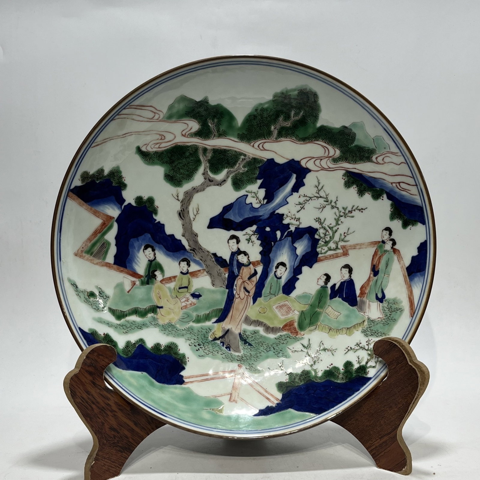 A Rare Wucai Landscape and Figure Pattern Plate: A Rare Wucai Landscape and Figure Pattern Plate,Qing Dynasty,China,Size:14.2in 五彩山水人物纹盘,中国清代