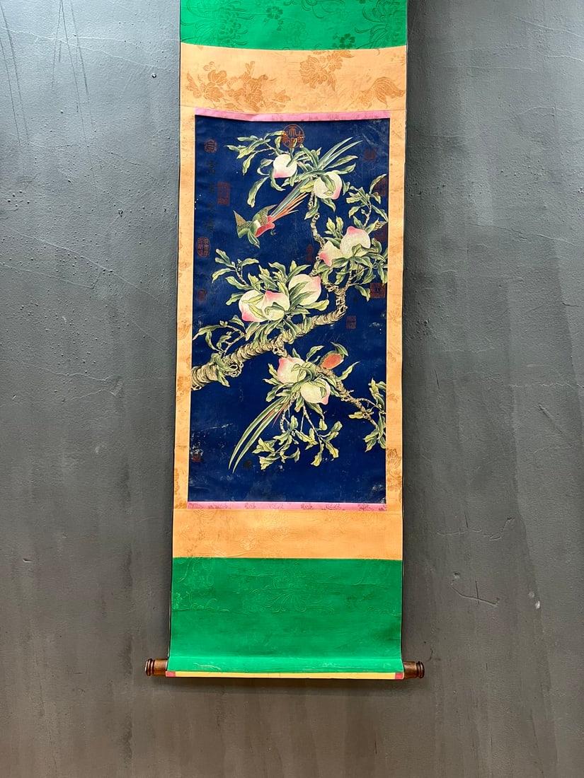 A Chinese Vertical Scroll Ink Painting of Peach and Bird on Silk,Jiang Tingxi: A Chinese Vertical Scroll Ink Painting of Peach and Bird on Silk,Jiang Tingxi,Size:(Without frame)33.5inx17.3in 