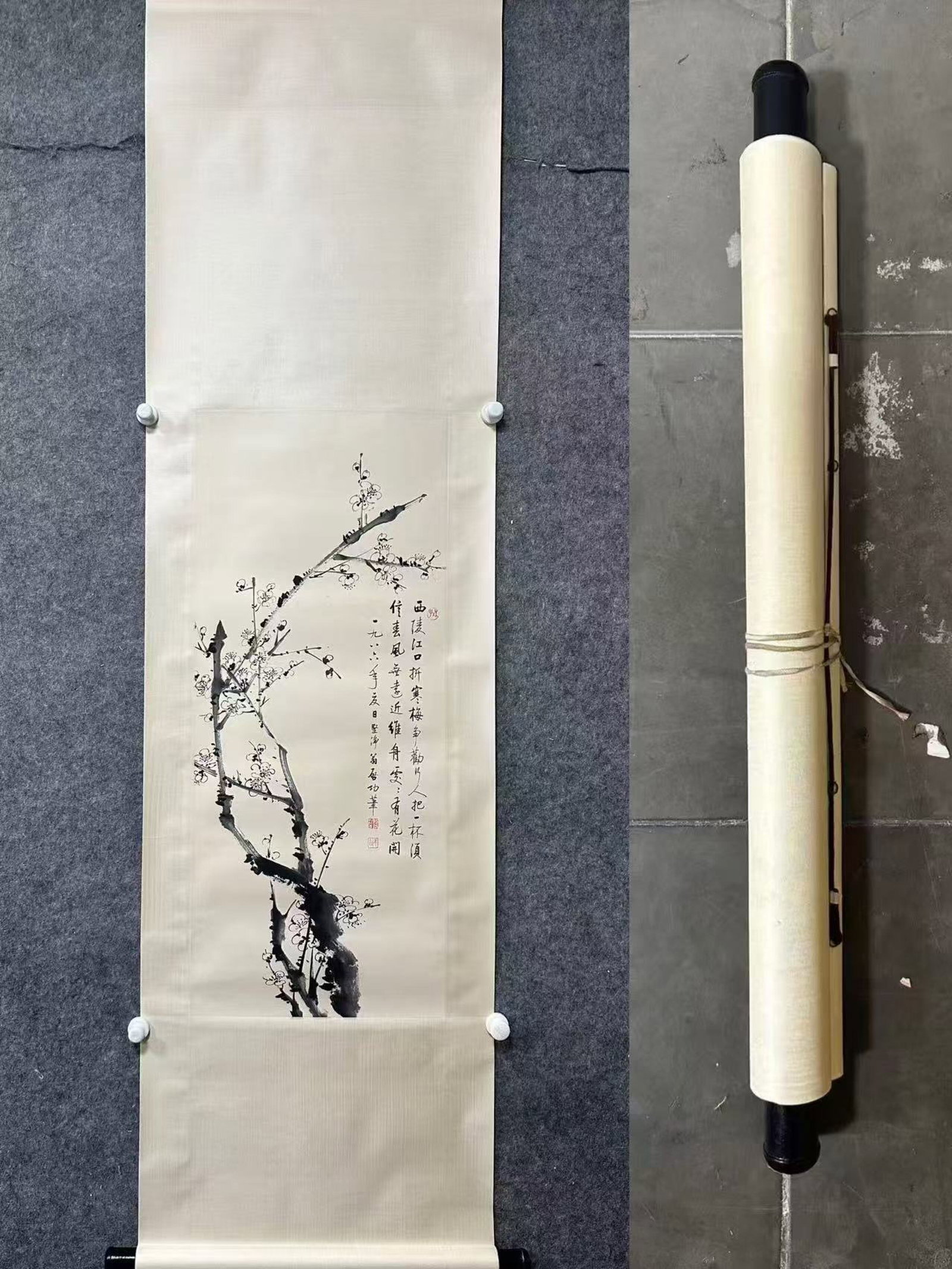 A Chinese Vertical Scroll Ink Painting of Plum Blossom on Paper,Qi Gong: A Chinese Vertical Scroll Ink Painting of Plum Blossom on Paper,Qi Gong,Size:(Without frame)15.6inx37in 