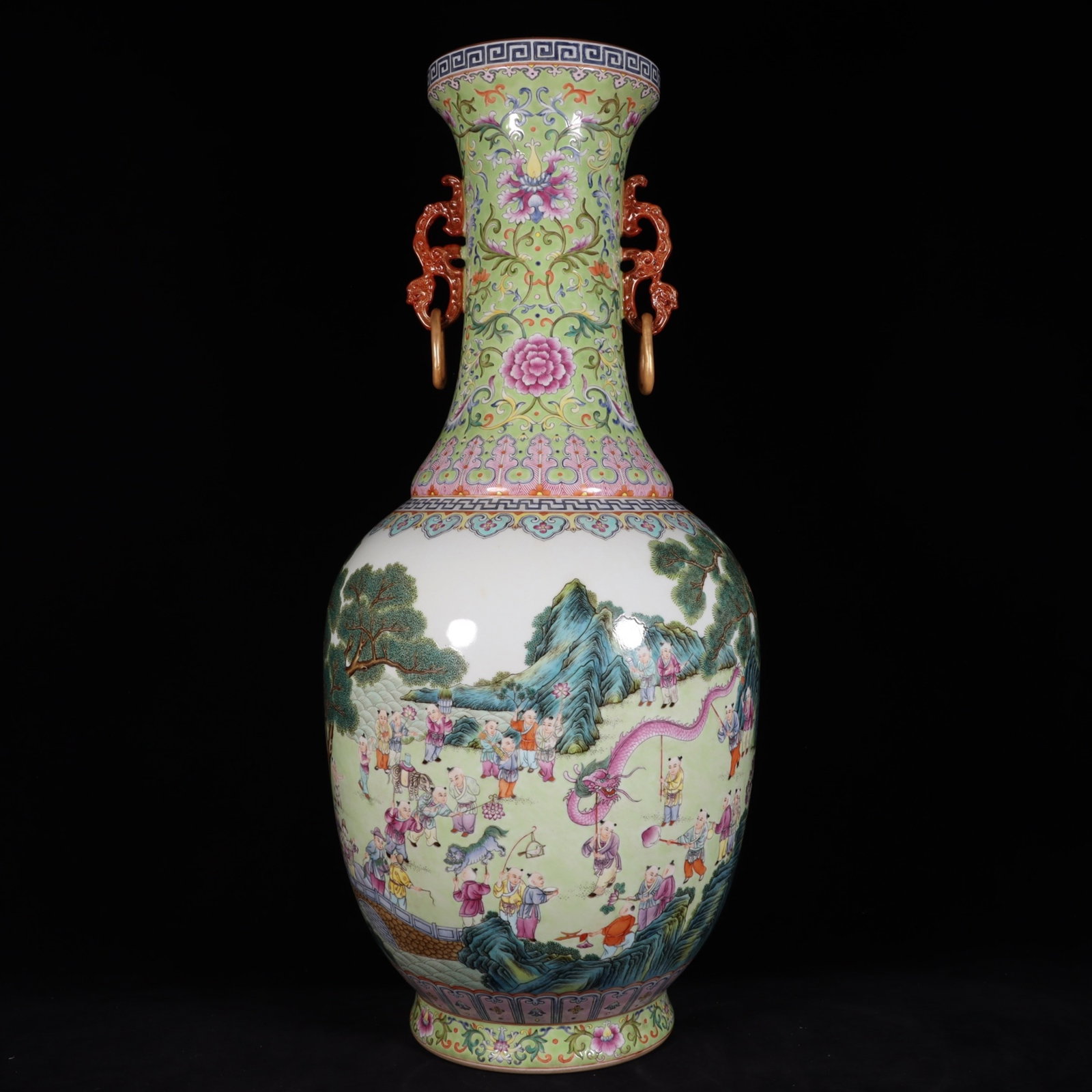 A Huge Famille-Rose Painted Gold Landscape and Figure Pattern Double-Ears Vase: A Huge Famille-Rose Painted Gold Landscape and Figure Pattern Double-Ears Vase,Qing Dynasty, China,Qianlong Six-character Mark,Size:26.6inx11.8inx7.3in 粉彩描金山水