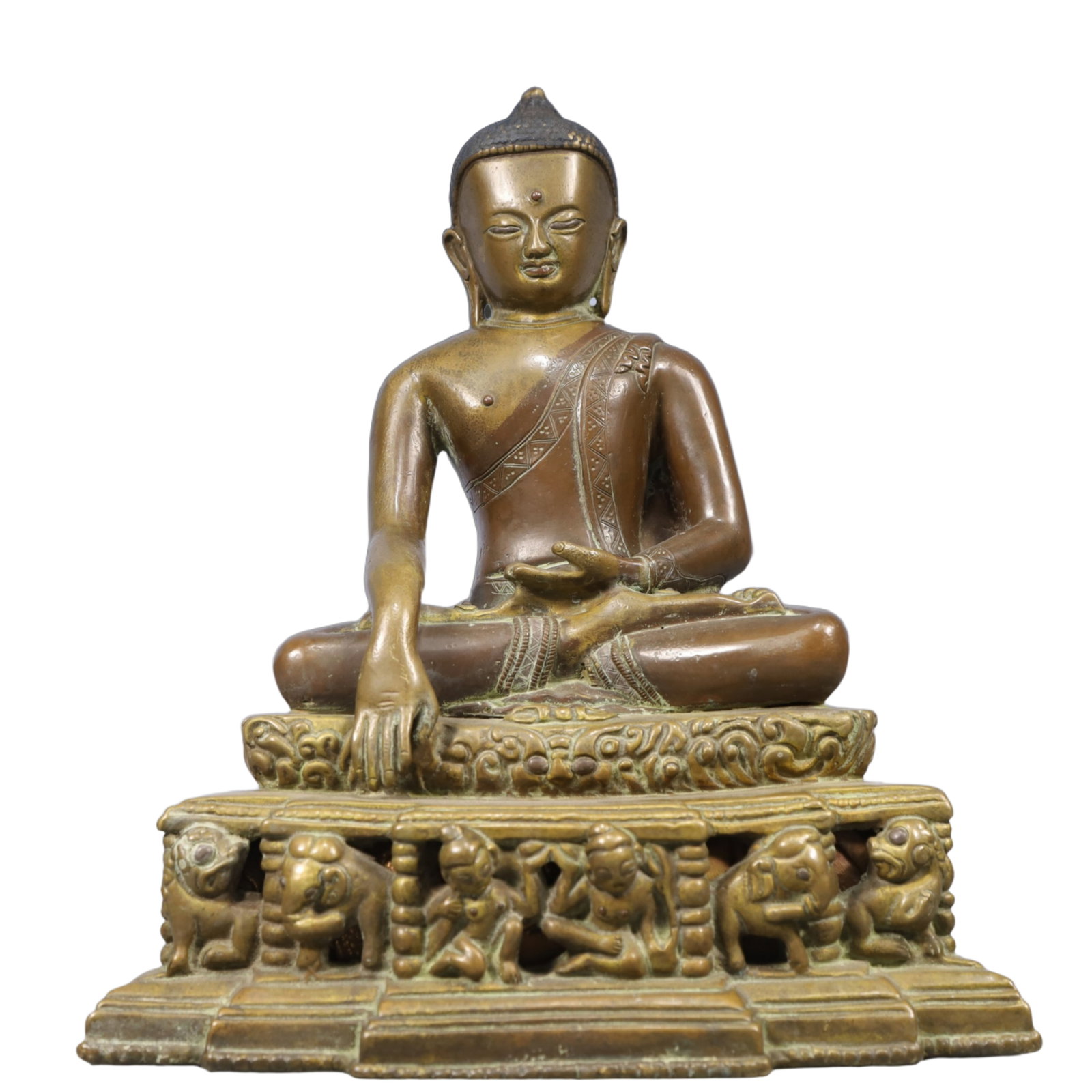 A Solemn Gilt Bronze Statue of Sakyamuni, With Inscription: A Solemn Gilt Bronze Statue of Sakyamuni, With Inscription, Qing Dynasty, China, Size:9.1inx6.3inx10.6in, Weight:4950g 铜鎏金释迦摩尼像,带铭