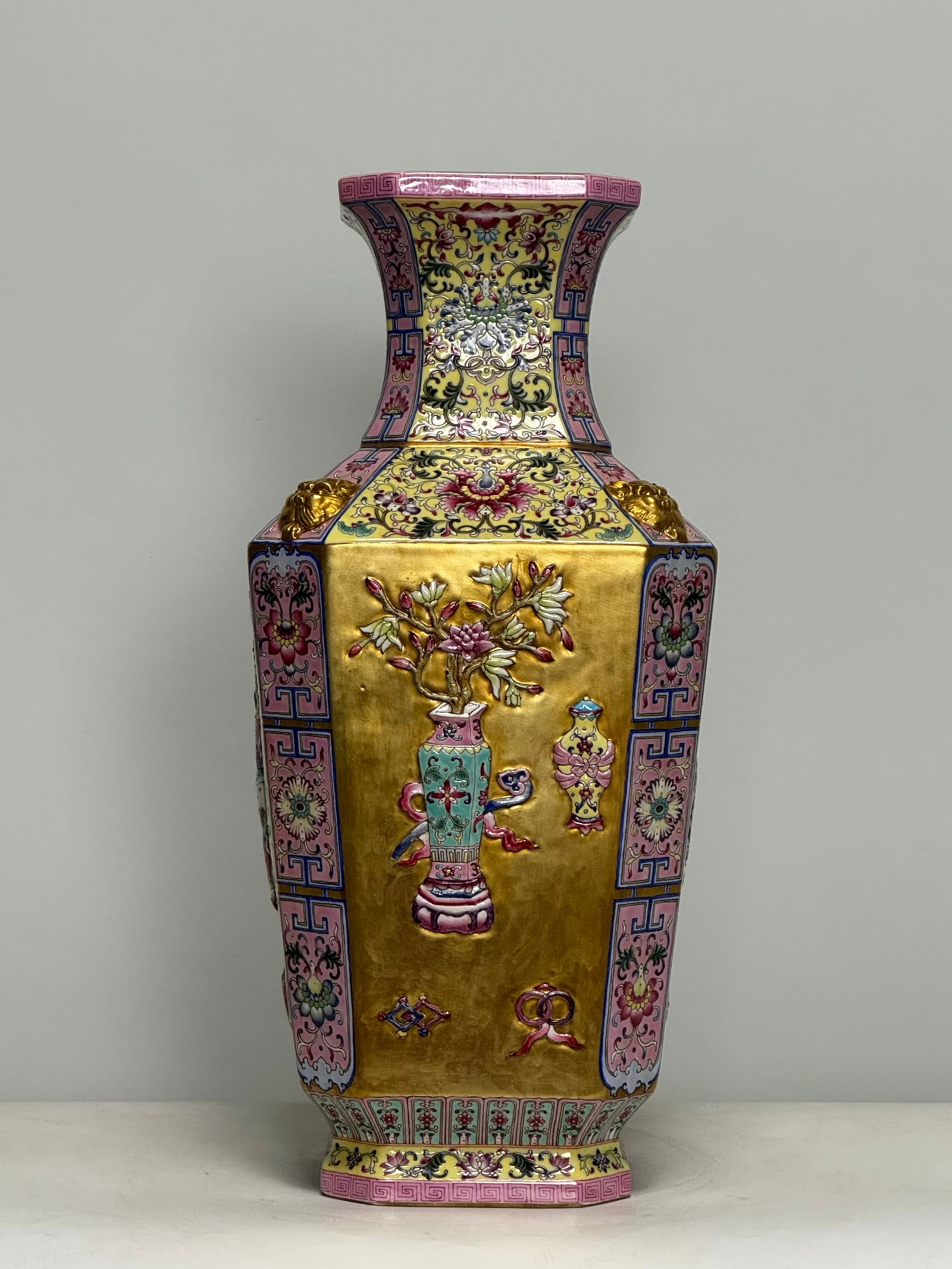A Huge Enamel Gold Ground Flower Pattern Beast-Ears Vase: A Huge Enamel Gold Ground Flower Pattern Beast-Ears Vase,Qing Dynasty,China,Qianlong Four-character Mark,Size:17.2inx7.9in 珐琅彩金地花卉纹兽ň