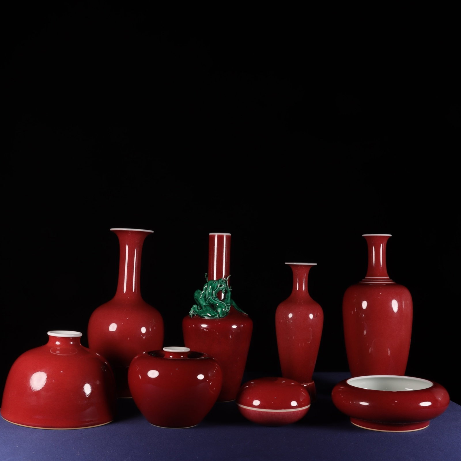A Set of Fine Ji Red Glazed Ornaments: A Set of Fine Ji Red Glazed Ornaments,Qing Dynasty, China,Kangxi Six-character Mark,Size:3.9inx7.9in,3.5inx3.5in,3.5inx7.9in,3.5inx8.3in,2.8inx7.1in,4.7inx3.5in,3.1inx1.6in 一套霁