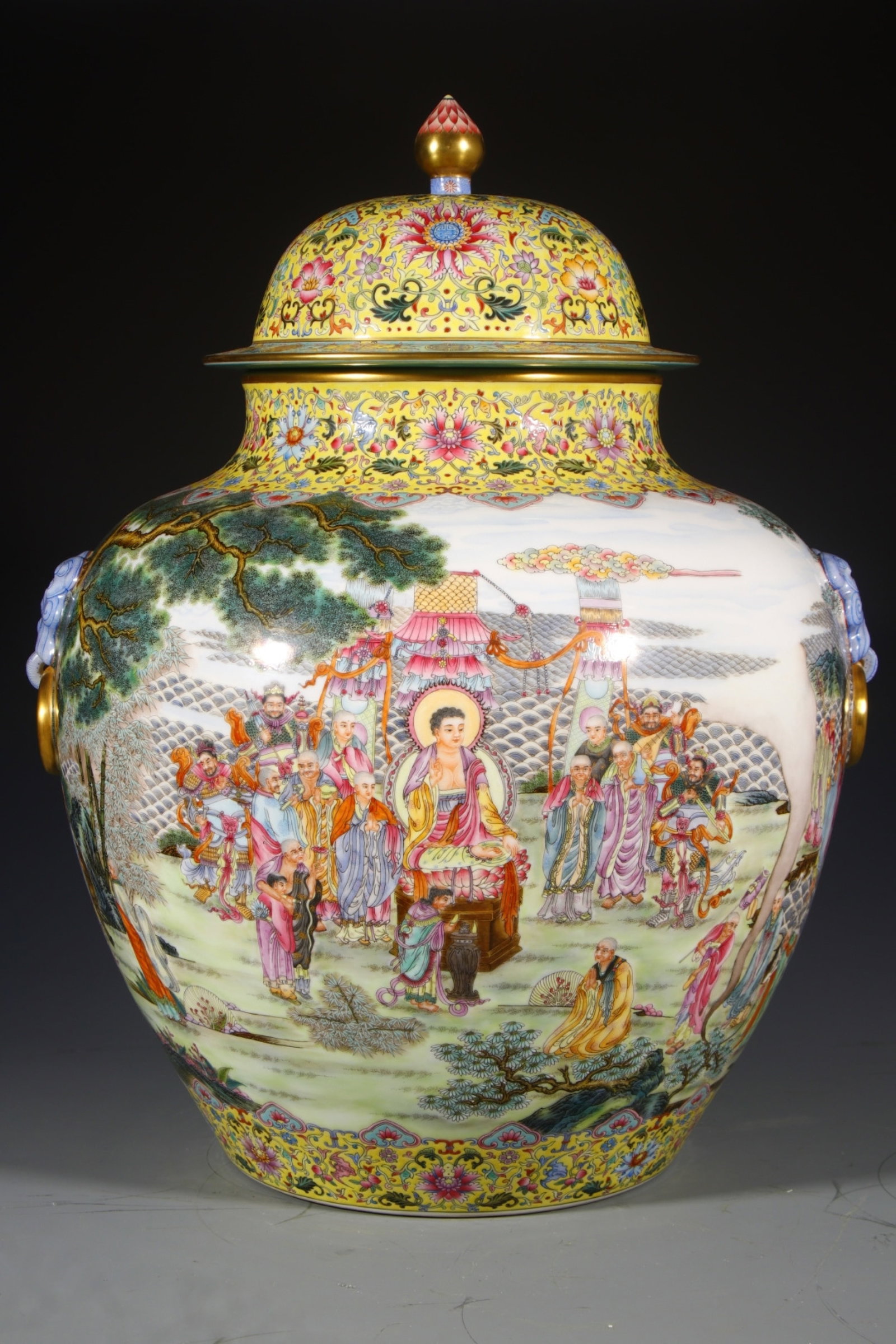 A Huge Enamel Yellow Ground Painted Gold Landscape and Figure Pattern Beast-Ears Cover Jar: A Huge Enamel Yellow Ground Painted Gold Landscape and Figure Pattern Beast-Ears Cover Jar, Qing Dynasty, China,Qianlong Four-character Mark,Size:23.2inx8.9inx9.8in 珐琅彩黄
