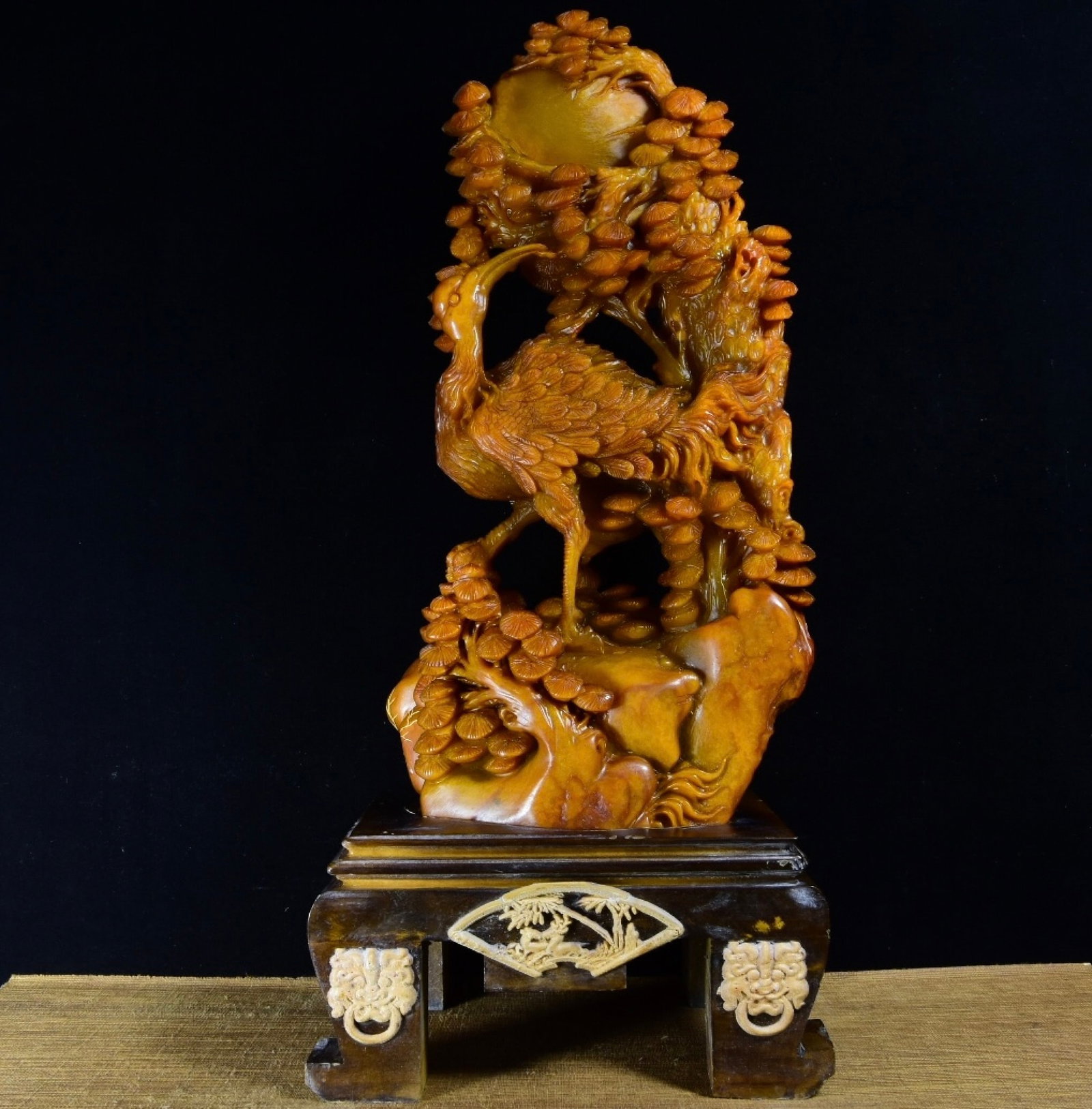 A Huge Tianhuang Stone Pine and Crane Pattern Ornament: A Huge Tianhuang Stone Pine and Crane Pattern Ornament,Qing Dynasty,China,Yuxuan Mark,Size:19.9inx8.5inx3.7in,Weight:5610g 田黄石松鹤纹摆件,中