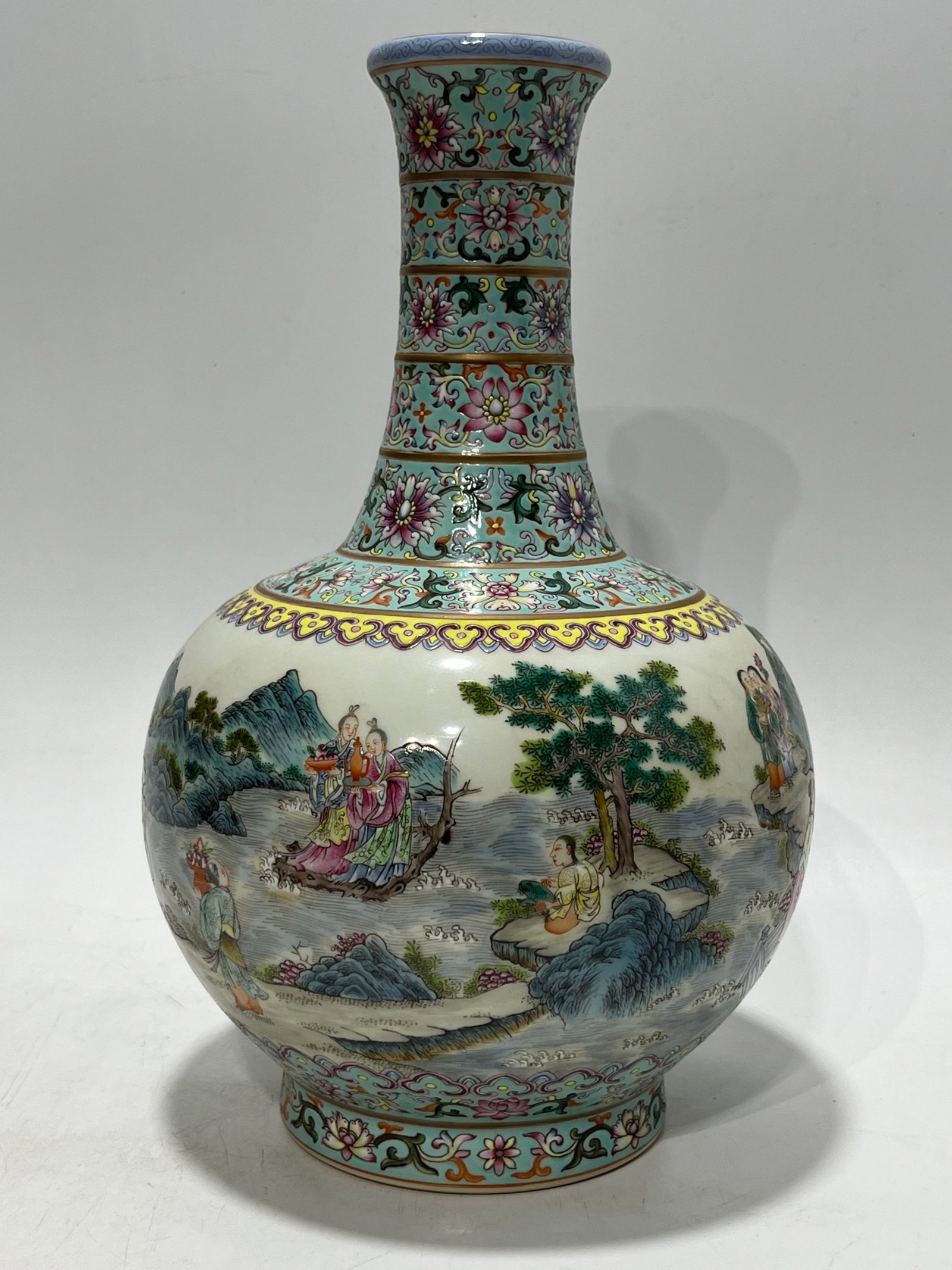 A Rare Famille-Rose Painted Gold Landscape and Figure Pattern Vase: A Rare Famille-Rose Painted Gold Landscape and Figure Pattern Vase,Qing Dynasty,China,Jiaqing Six-character Mark,Size:12.1in 粉彩描金山水人物纹