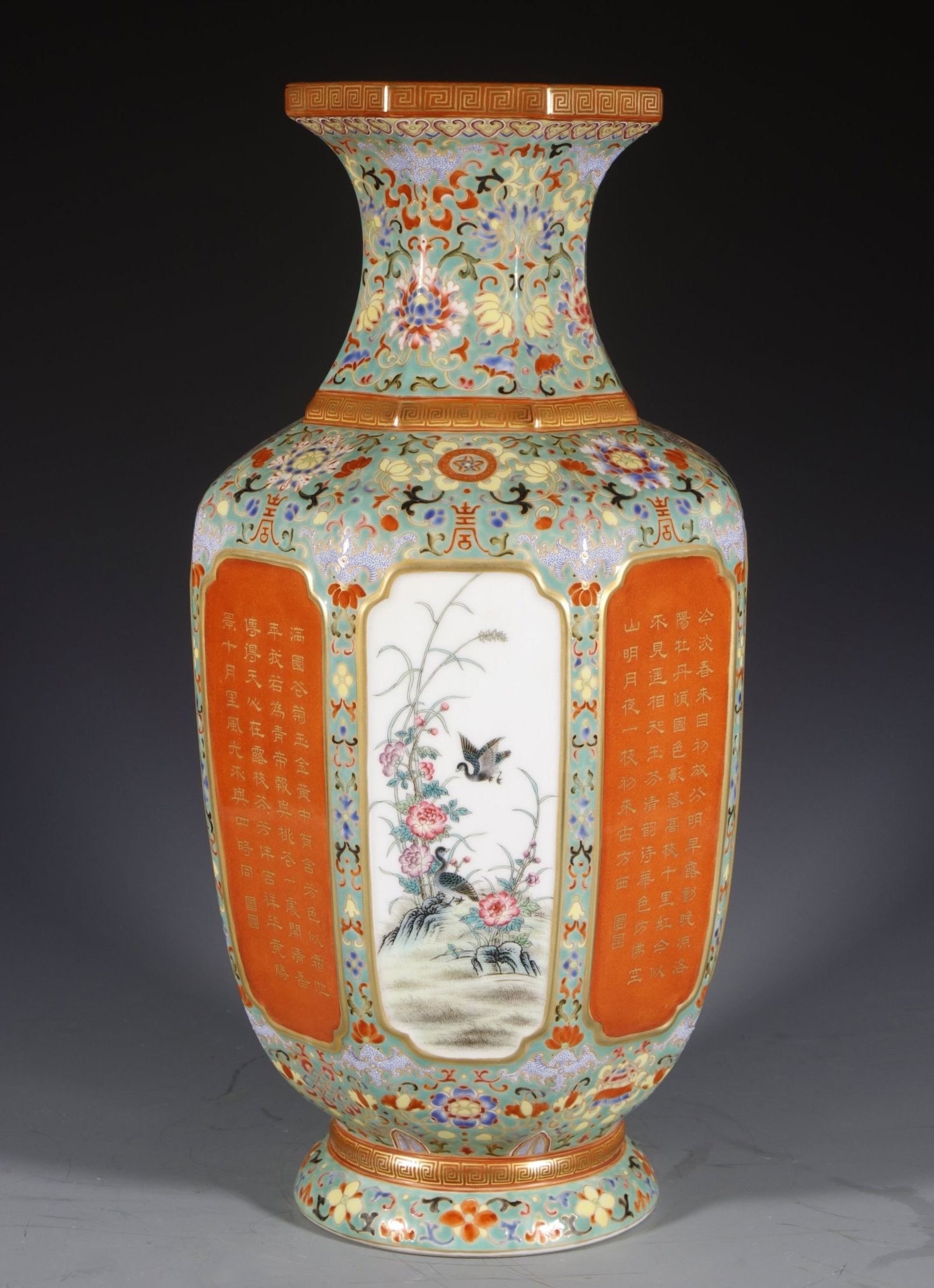 A Huge Enamel Green Ground Painted Gold Flower and Bird Pattern Vases,With Poem: A Huge Enamel Green Ground Painted Gold Flower and Bird Pattern Vases,With Poem, Qing Dynasty, China,Qianlong Four-character Mark,Size:18.5inx5.7inx5.7in 珐琅彩绿地৻
