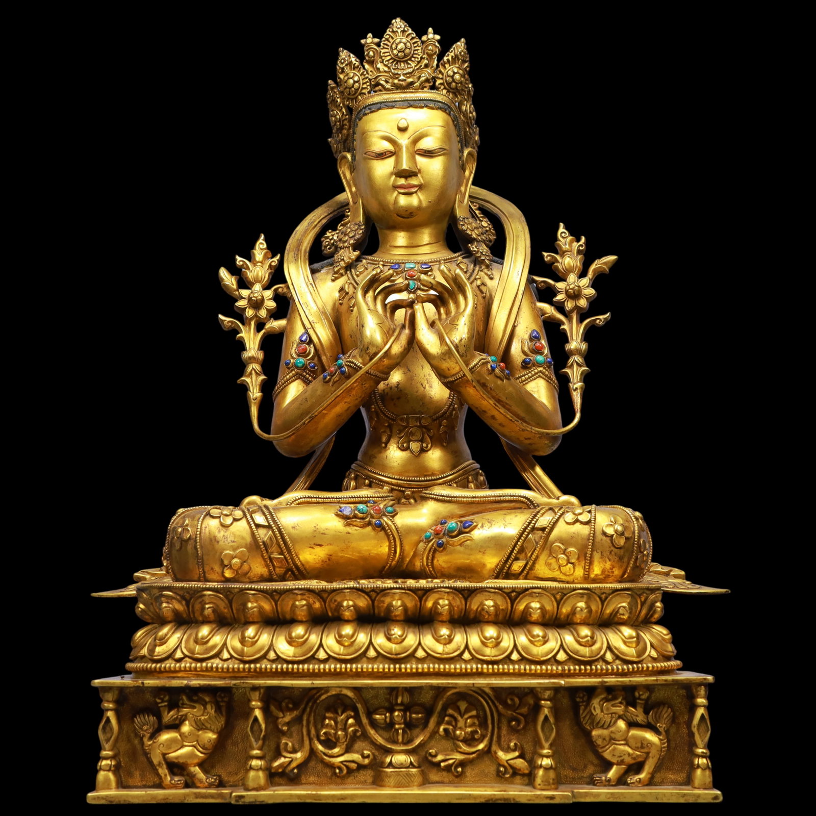 An Exquisite Gilt Bronze Inlaid Gems Statue of Tara: An Exquisite Gilt Bronze Inlaid Gems Statue of Tara Qing Dynasty, China Size:13.8inx9.8inx21.3in Weight:17450g铜鎏金嵌百宝度母佛像 中&