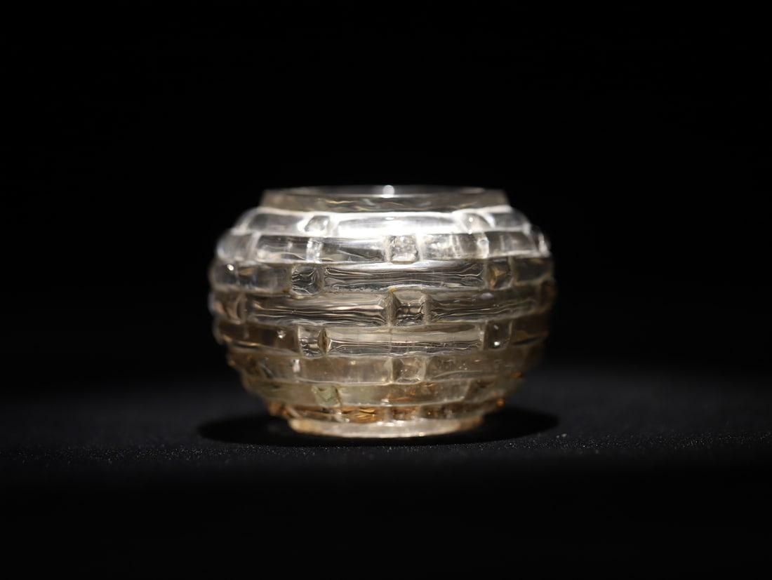 An Exquisite Crystal Water Pot: An Exquisite Crystal Water Pot Qing Dynasty, China Size:2.2inx3.3in Weight:286g茶水晶雕竹编纹水盂 中国清代 Size:5.6cmx8.5c
