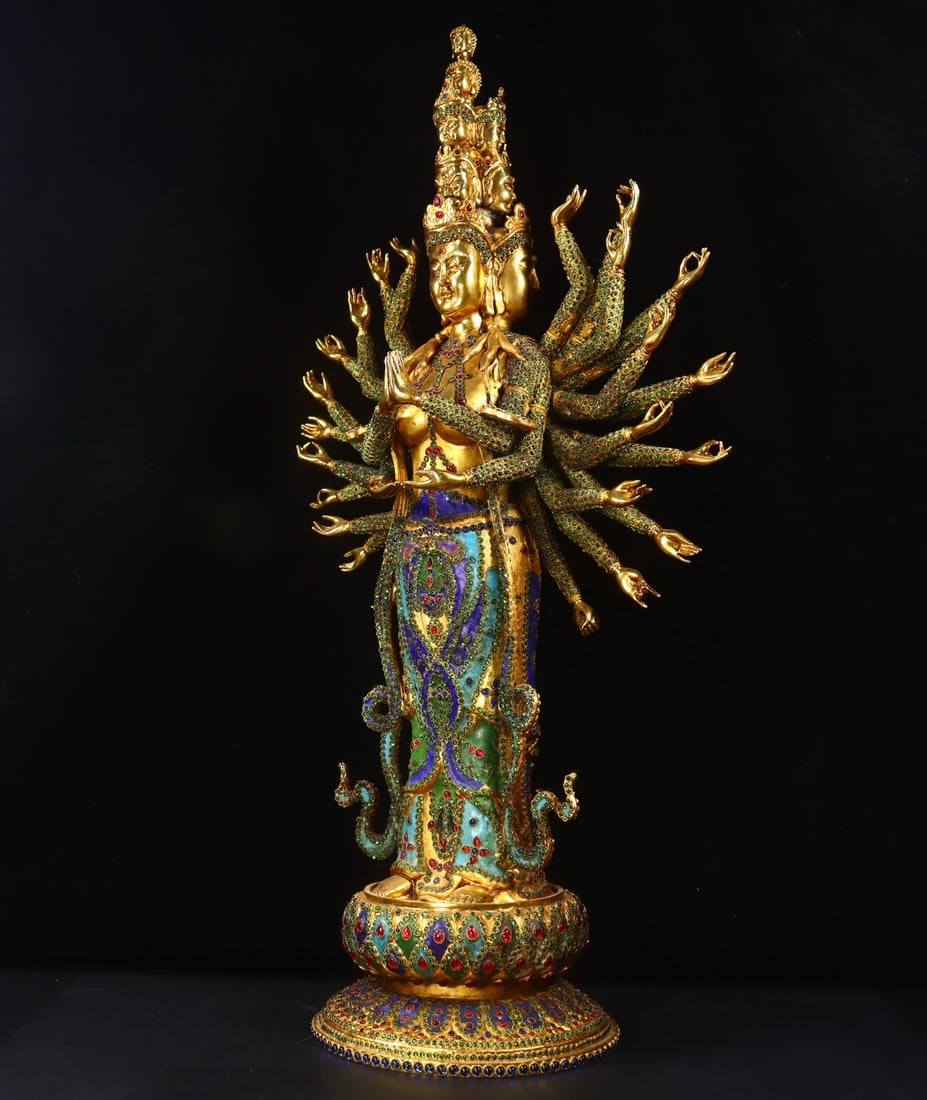 An Exquisite Gilt Bronze Inlaid Gems Statue of Thousand-hand Guanyin - 2