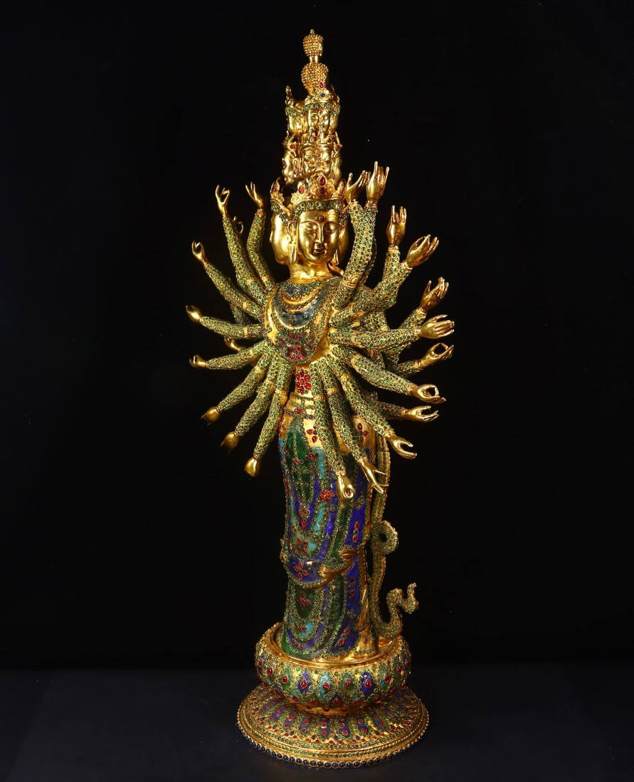 An Exquisite Gilt Bronze Inlaid Gems Statue of Thousand-hand Guanyin - 3