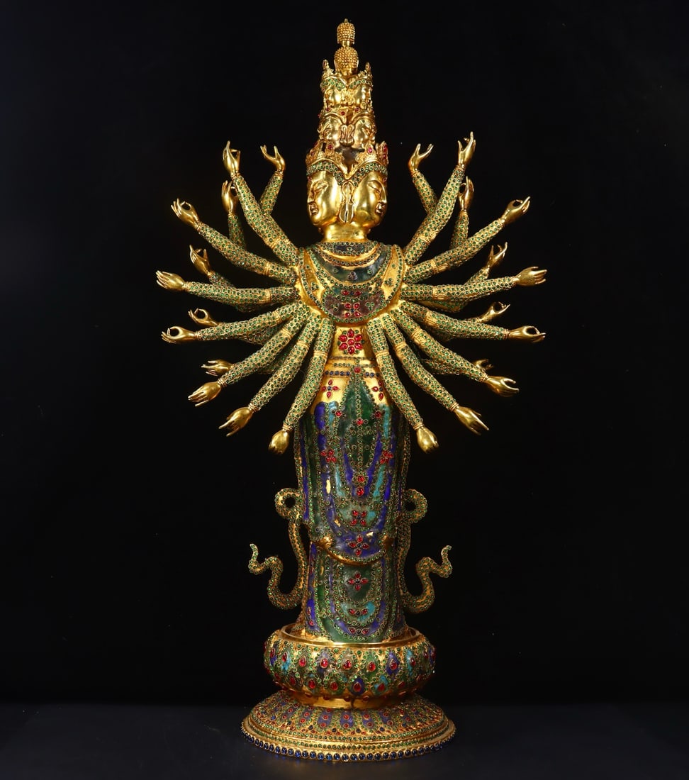 An Exquisite Gilt Bronze Inlaid Gems Statue of Thousand-hand Guanyin - 5