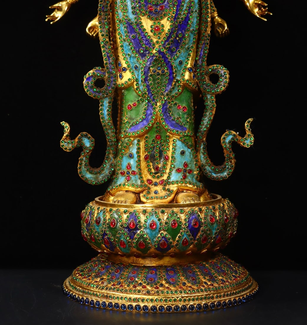 An Exquisite Gilt Bronze Inlaid Gems Statue of Thousand-hand Guanyin - 8