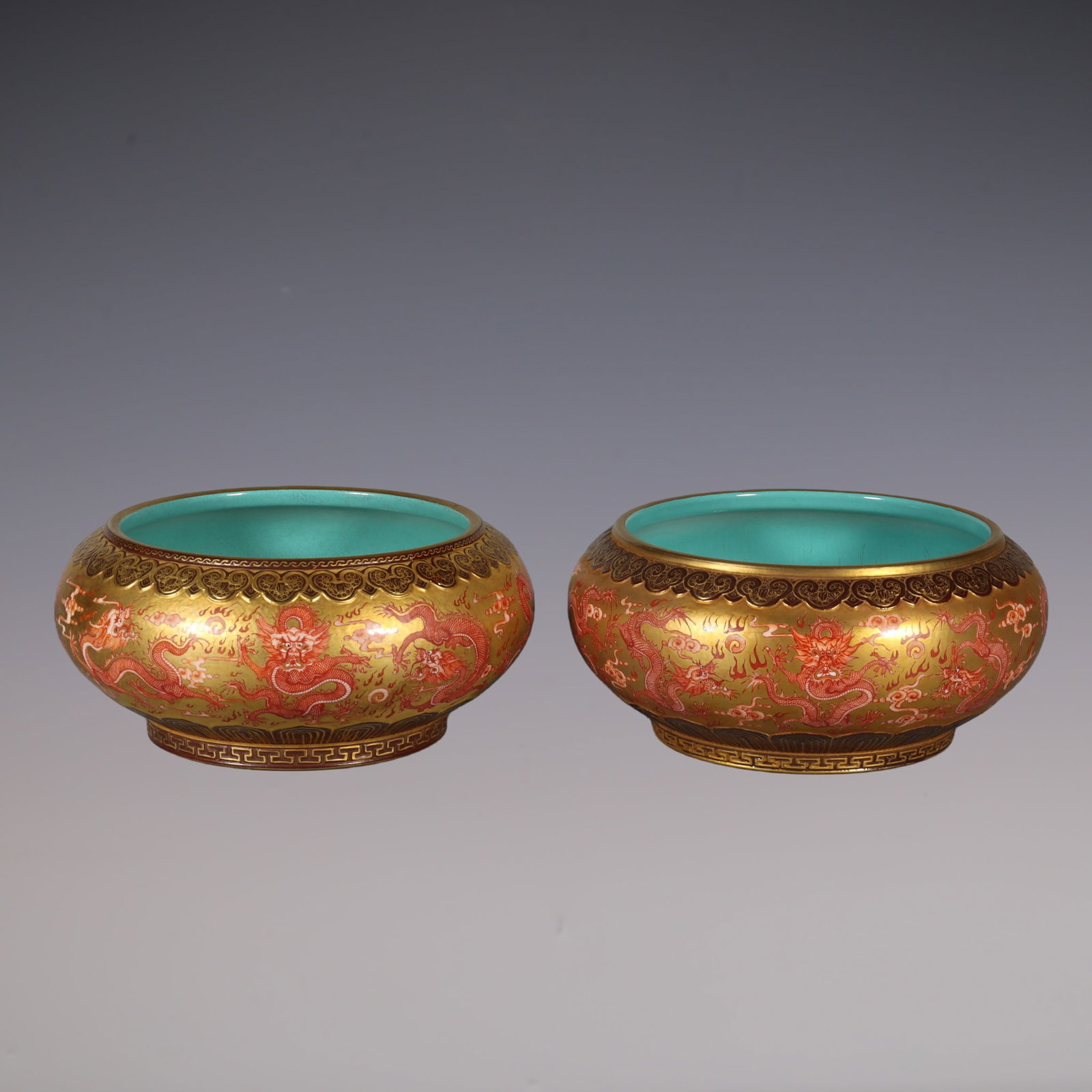 An Exquisite Famille-Rose Dragon Pattern Brush Washer: An Exquisite Famille-Rose Dragon Pattern Brush Washer Qing Dynasty, China Qianlong Six-character Mark Size:2.9inx4.9in粉彩雕刻金地九龙水洗 &